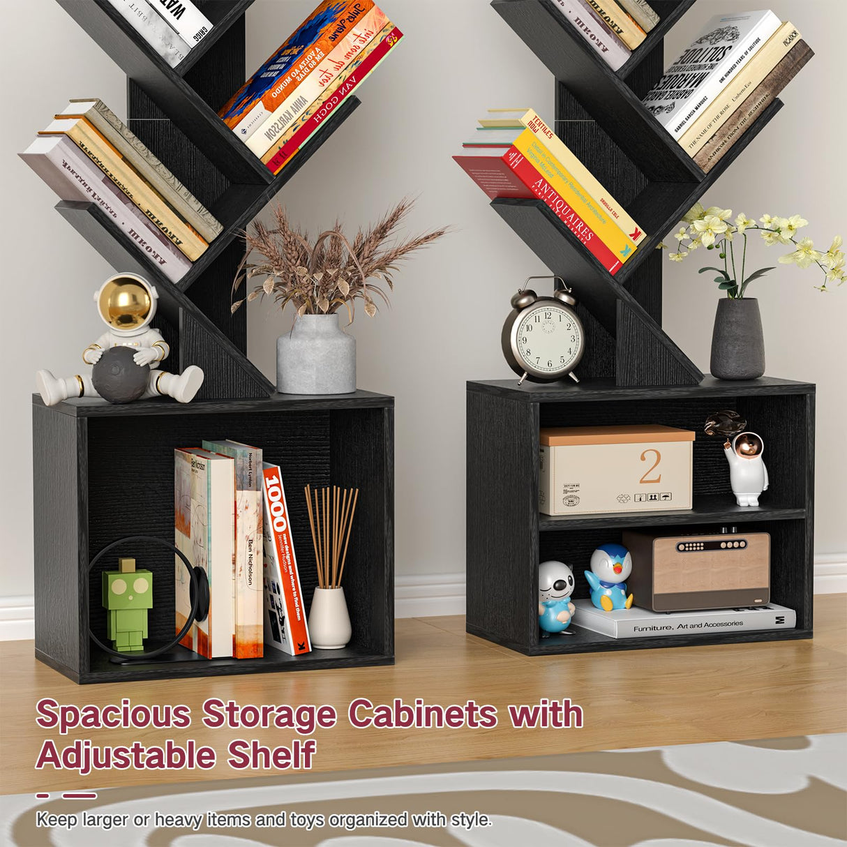 OUTONLIFE 9 Tier Tree Bookshelf with Light, Remote, Timer & Cabinet, Dimmable Modern Tall Floor Standing Corner Book Shelf, Small Narrow Wood Bookcase for Living Room, Bedroom, Office(Black) OUTONLIFE