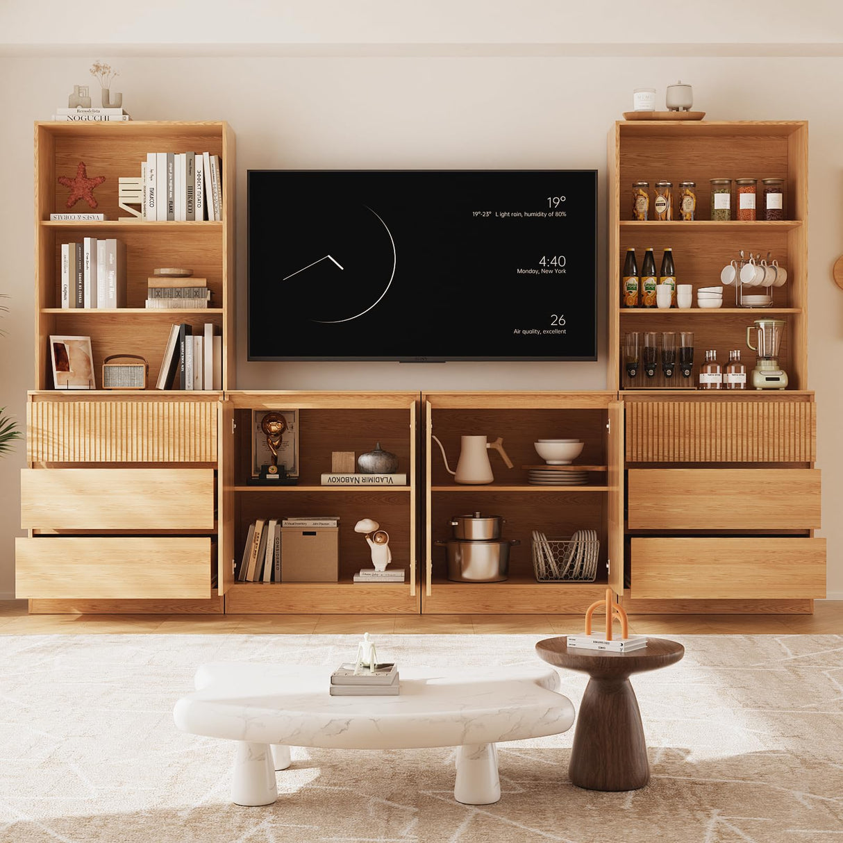 TUSY 4-Piece Large TV Stand with Bookshelves for TVs up to 75", TV Hutch with Tempered Glass Doors and Shelves, TV Entertainment Center Media Center with 2 Tall Cabinets for Living Room (B+2G+B) TUSY