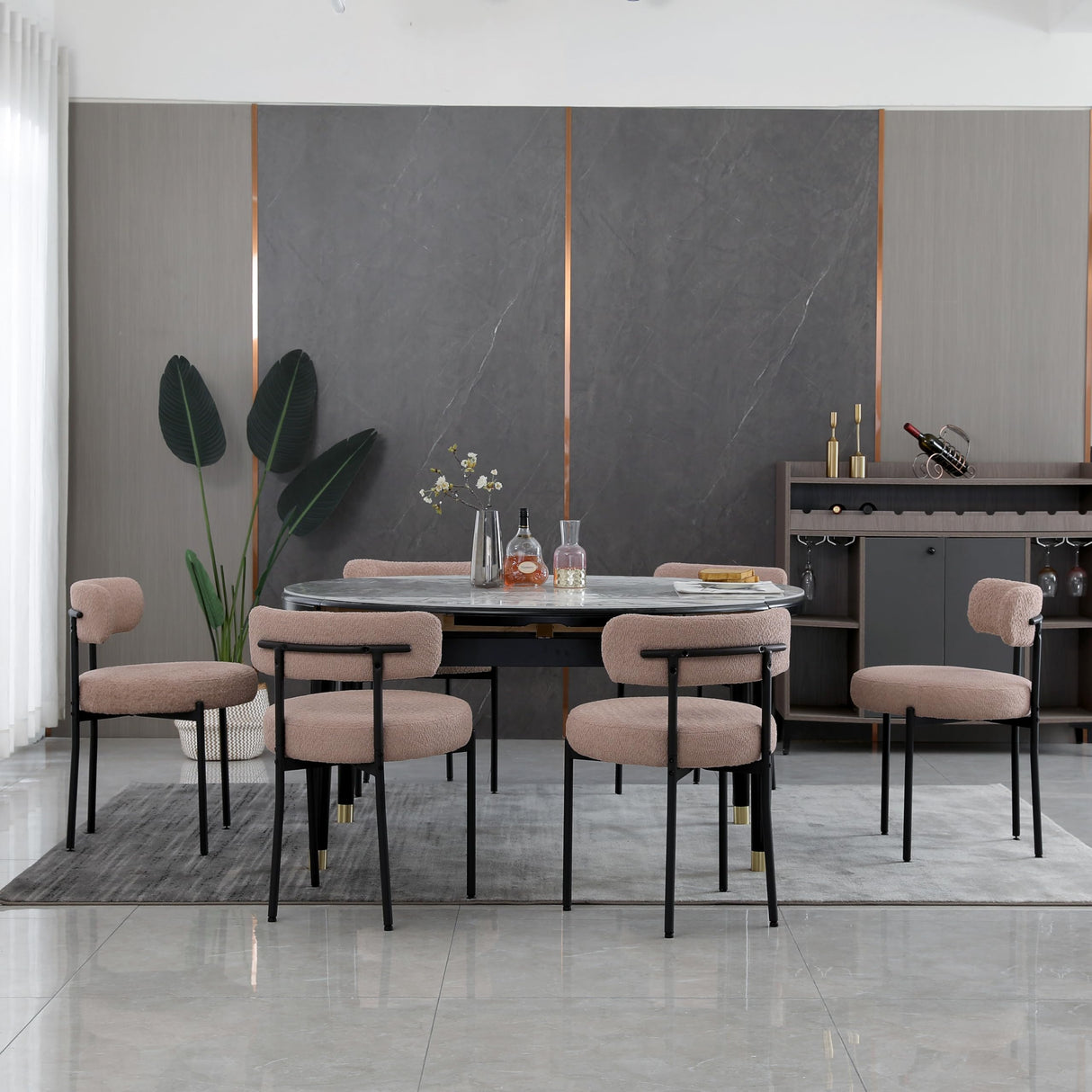 AISALL Dining Chairs Set of 2 Round Upholstered Boucle Dining Room Chairs Mid-Century Modern Kitchen Chairs Curved Backrest Chairs for Dining Room Black Metal Legs, Light Brown AISALL