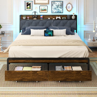 Sismplly Vintage Brown Queen Size Metal Platform Bed with Storage Drawers, Velvet Upholstered Headboard & LED Light