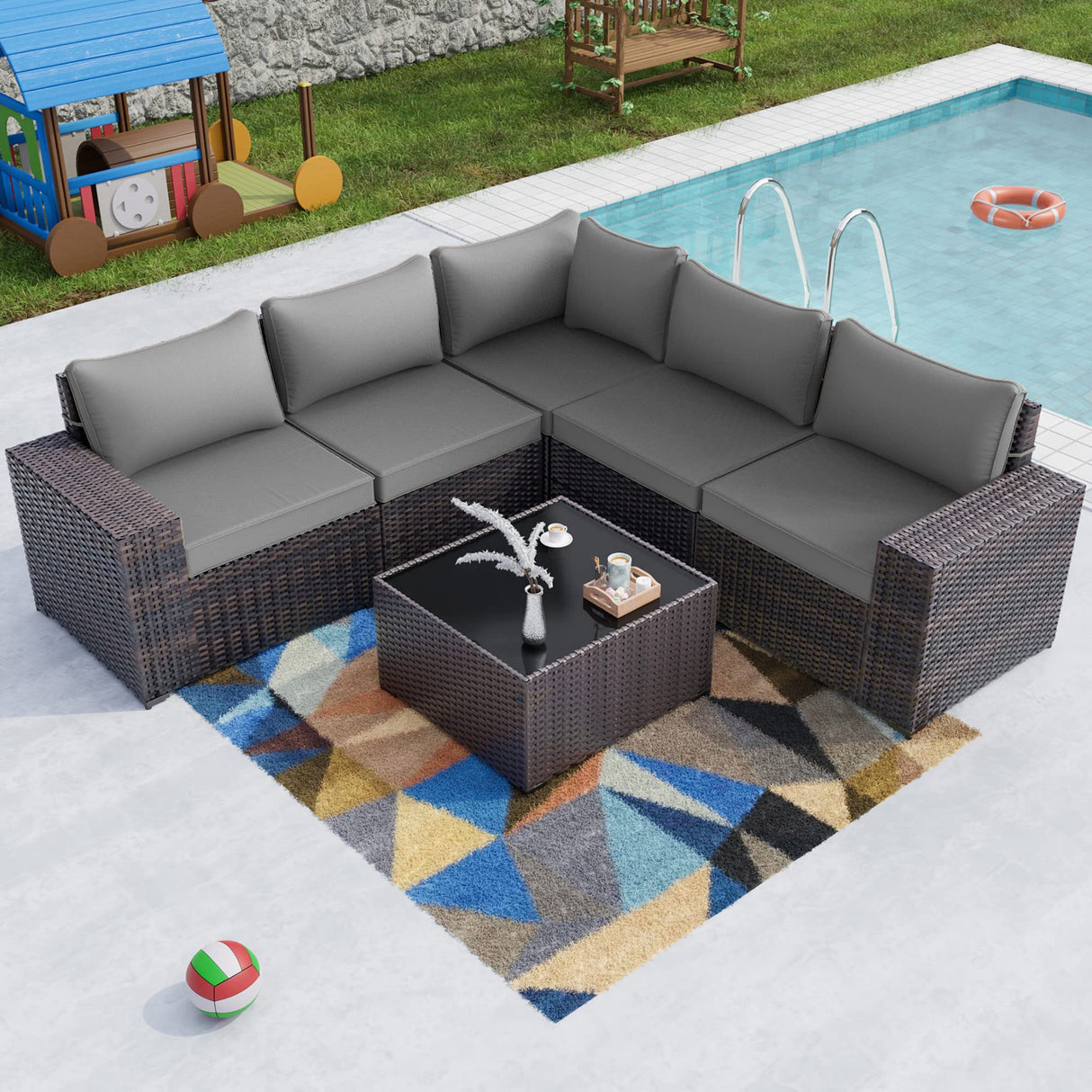 Kullavik Outdoor Patio Furniture Set 6 Pieces Sectional Rattan Sofa Set Brown PE Rattan Wicker Patio Conversation Set with 5 Grey Seat Cushions and 1 Tempered Glass Table Kullavik