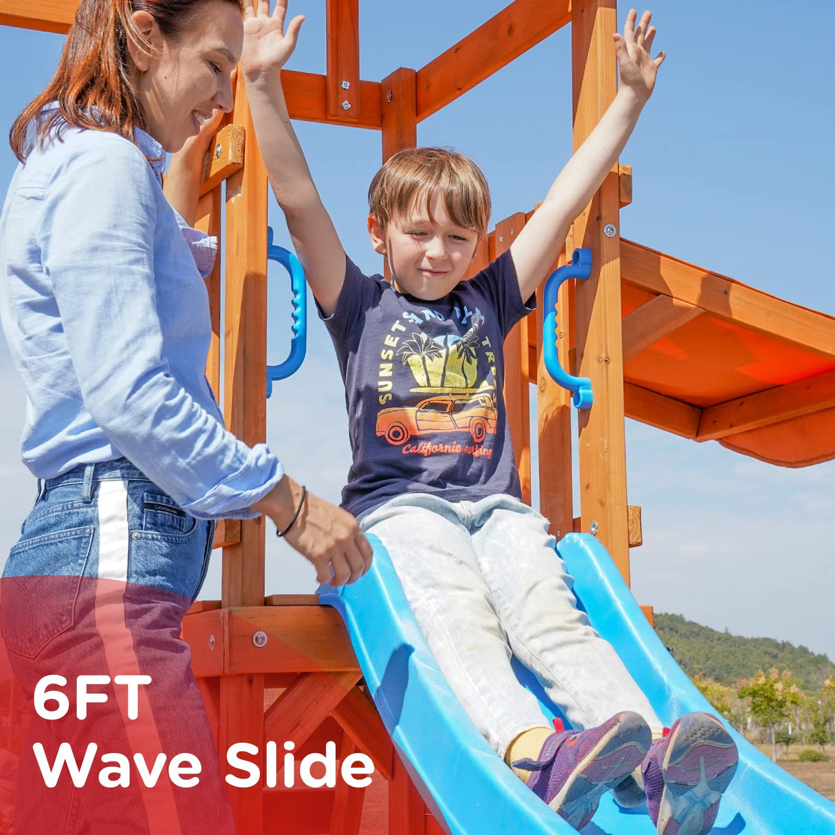 Dolphin Playground Swing Sets for Backyard with Slide, Wooden Outdoor Playset for Kids with Sandbox, Rock Climbing Wall, 2 Belt Swings, and Fort, Playground Sets for Backyards, Kids 3-6 DOLPHIN PLAYGROUND T