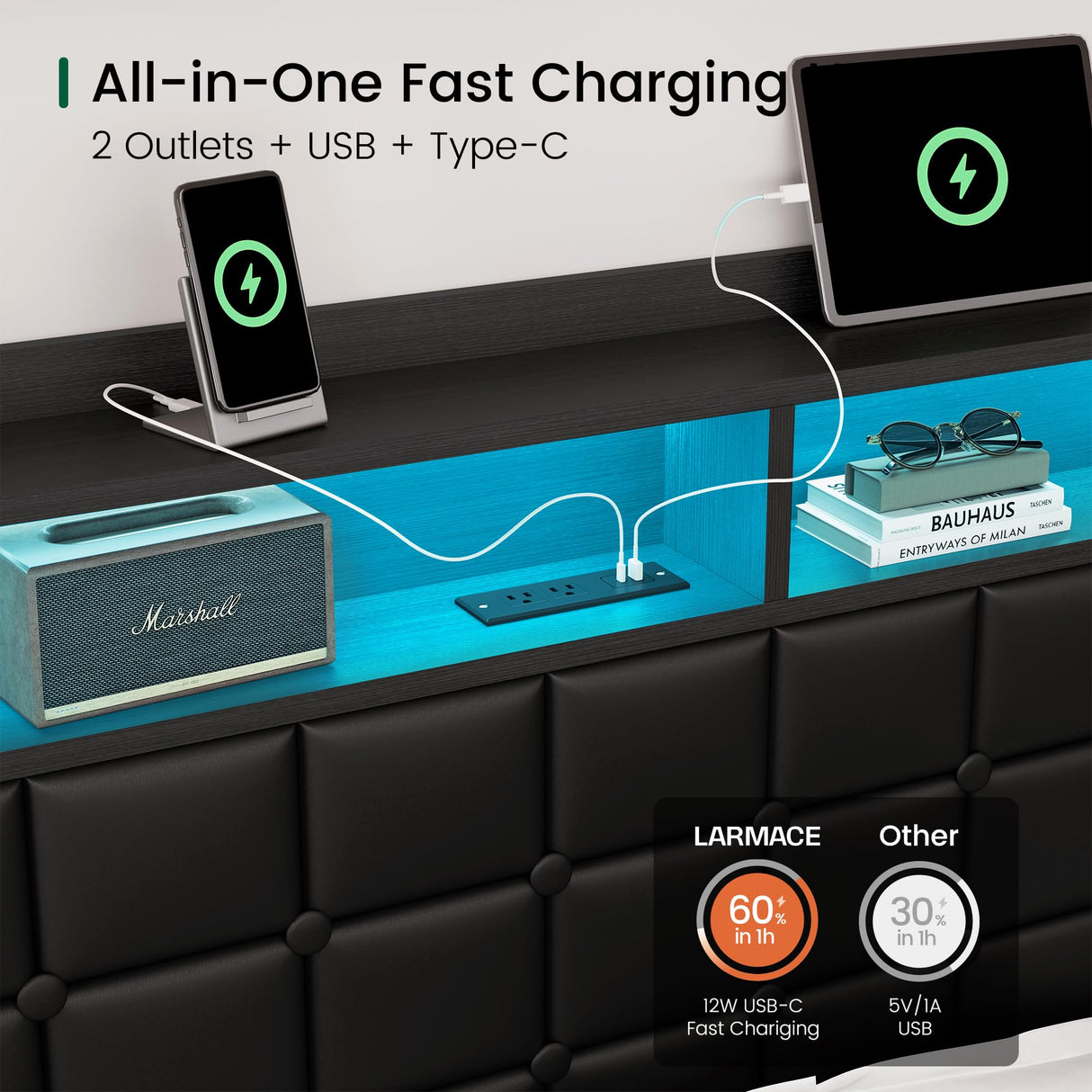 LARMACE King Size Bed Frame with 4 Storage Drawers and Bookcase Headboard, Faux Leather Upholstered, Wooden Platform Bed Frame with Charging Station and LED Lights, No Box Spring Needed, Black LARMACE