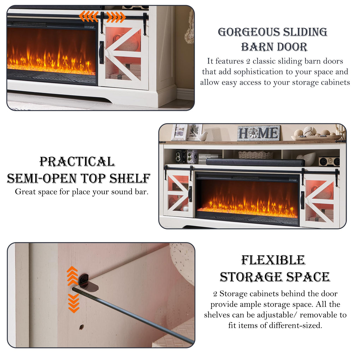 OKD Fireplace TV Stand for 85" TV, 33" Tall Highboy Farmhouse Entertainment Center w/ 42'' Electric Fireplace & LED Light, Rustic Media Console w/Sliding Barn Door for Living Room, Antique White OKD