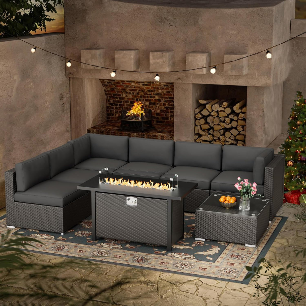 Crownland 8-Piece Outdoor Patio Furniture Sets with 45” Propane Gas Fire Pit Table, All-Weather Black Wicker Rattan Sectional Sofa with Coffee Table(Grey) Crownland