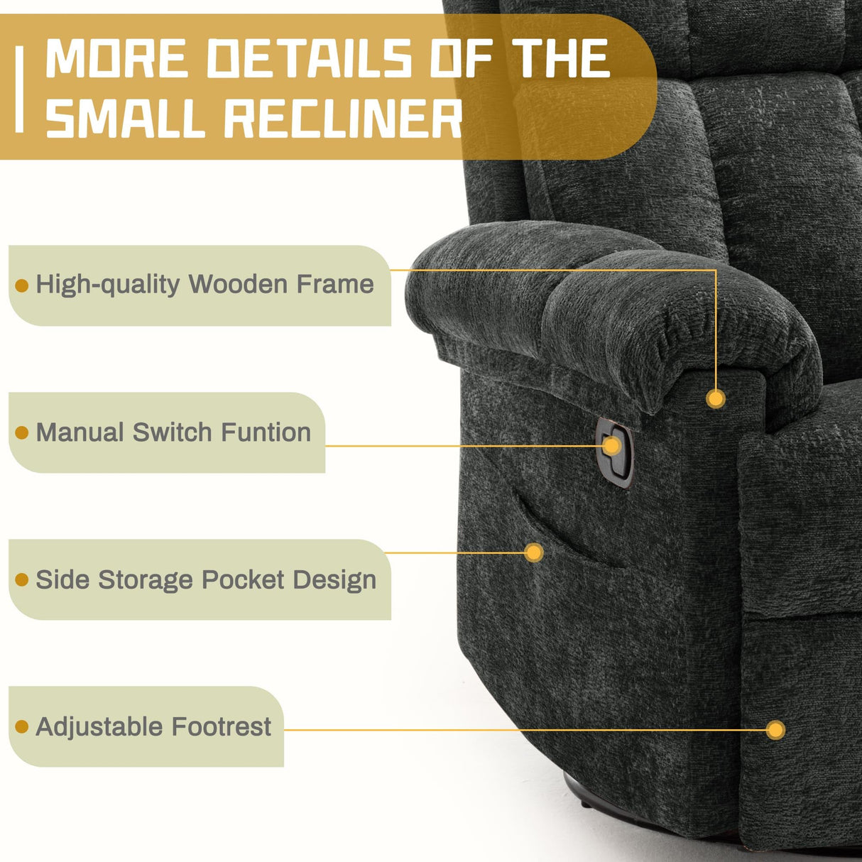 Korser Recliner Chair, Swivel Rocker Recliner Chair for Adults, Small Recliners for Small Spaces, Upholstered Manual Recliner with Side Pockets, Nursery Rocking Chair for Living Room, Chenille, Black Korser