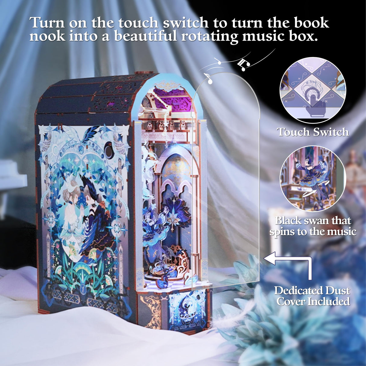 Tonecheer DIY Book Nook Kit for Adults, Wooden 3D Puzzle Music Box Bookend Bookshelf Insert Decor, Automatic Rotation Booknook Miniature House Kit with Dust Cover and LED Light (Swan Dream) Tonecheer