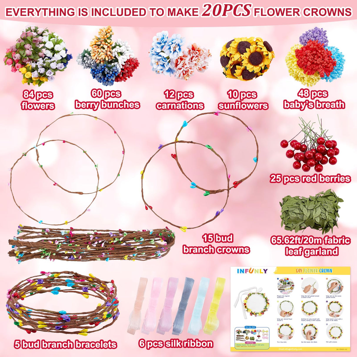 INFUNLY 261pcs/Set DIY Flower Crowns Making Kit Handmade Floral Crown Garland Kit Make Your Own Flower Wreath Bridal Shower Wreaths Gift for Women Wedding Home Decor INFUNLY