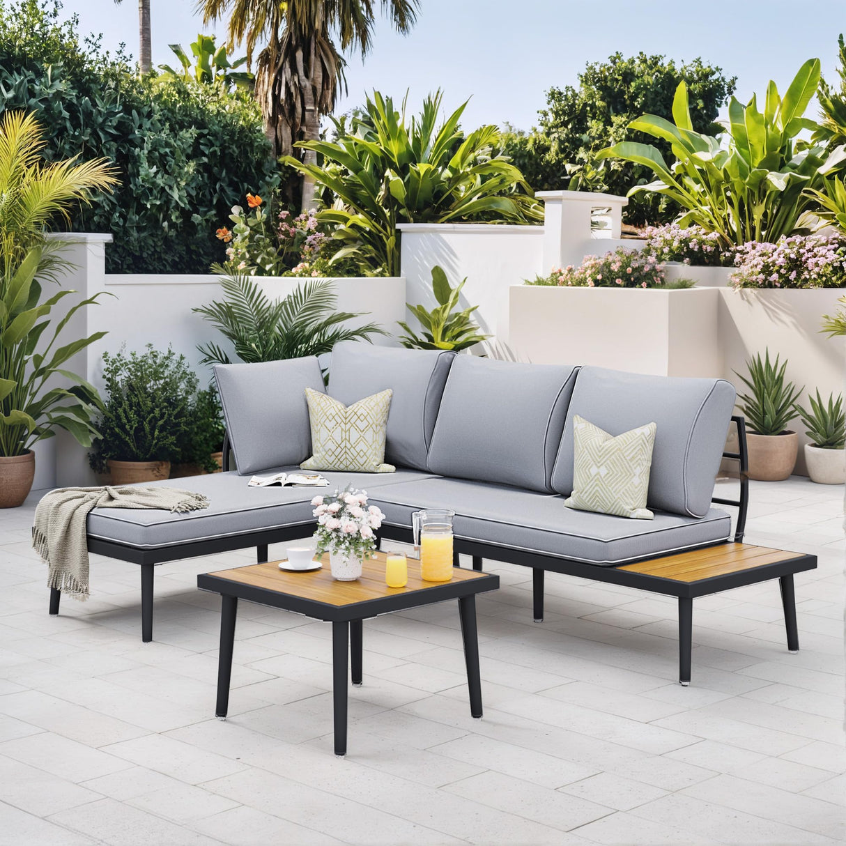 Greesum Outdoor Sectional Sofa Set L-Shaped Metal Patio Furniture with All-Weather Cushions and Built-in Side Coffee Table for Garden, Lawn, Backyard, Poolside, Gray Greesum