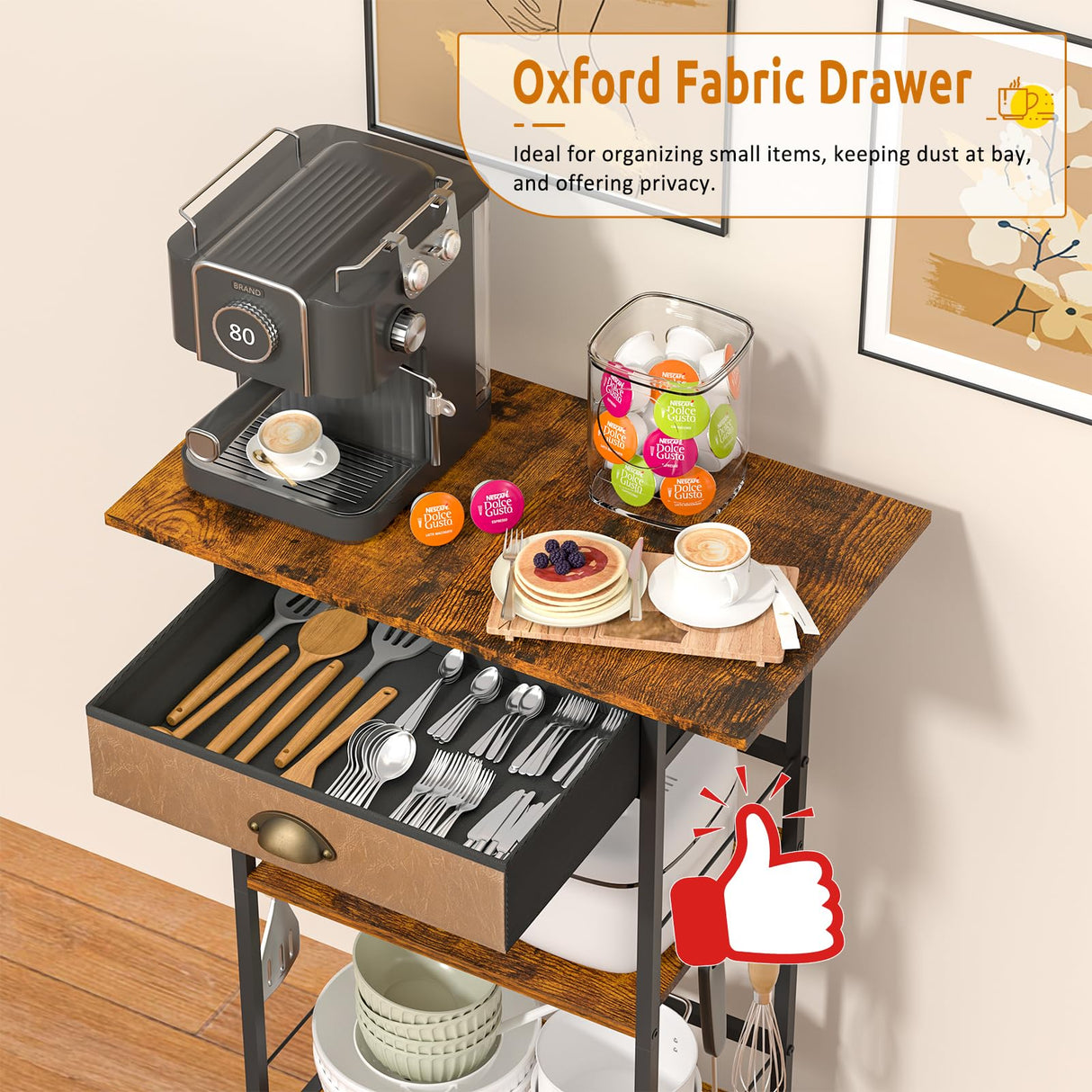 Coffee Bar Stand Station Cart with Storage Drawer -3 Tier, Extended Worktop Coffee Table, Farmhouse Corner Bar Cabinet for Small Spaces, Barkers Rack & Home Bar for Kitchen , Entryway, Living Room X-cosrack