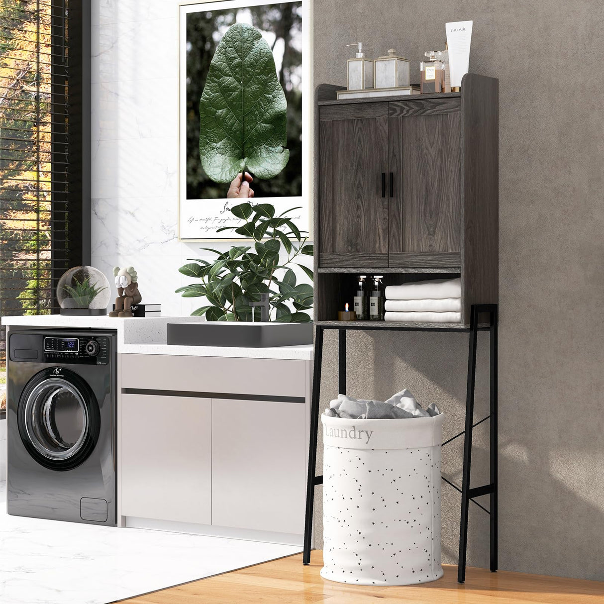 Tangkula Over The Toilet Storage Cabinet, Farmhouse Bathroom Cabinet Above Toilet with Double Doors, Adjustable Shelves, Metal Stand, Freestanding Bathroom Space Saver for Restroom, Laundry Tangkula