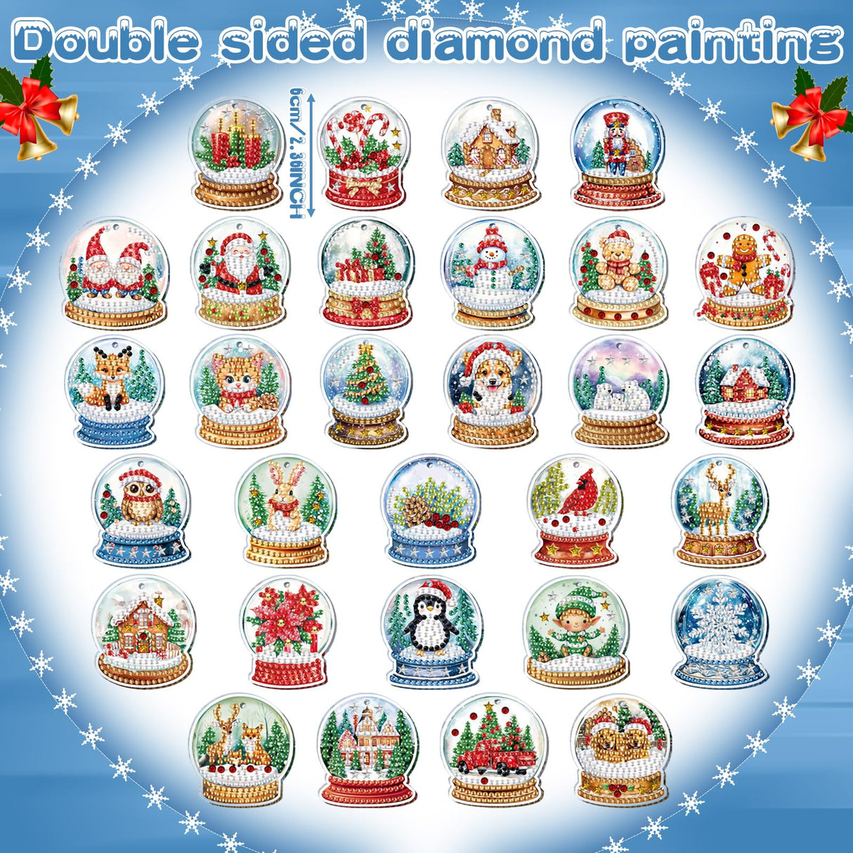 WILLBOND 30 Pcs Christmas Diamond Art Keychain Kits Double Sided Crystal Ball Diamond Painting Keychain 5d DIY Christmas Hanging Key Chains for Xmas Party Decoration DIY for Adults WILLBOND