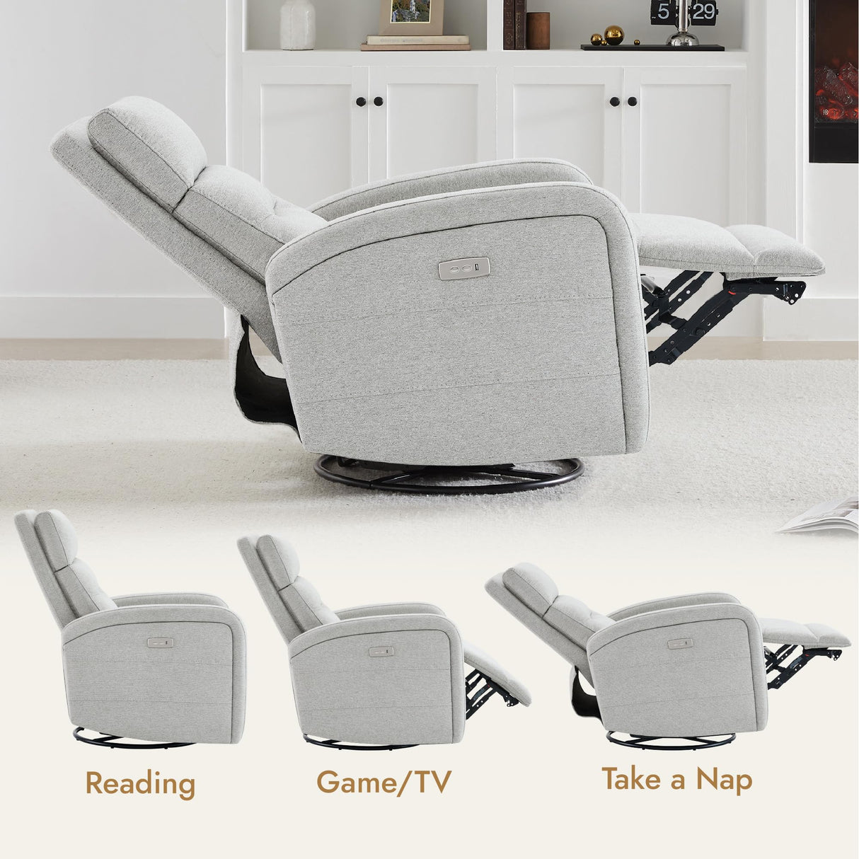 Watson & Whitely Swivel Power Recliner Glider Rocker, Small Recliner with Charging Port for Living Room, Fabric in Dove Grey Watson & Whitely