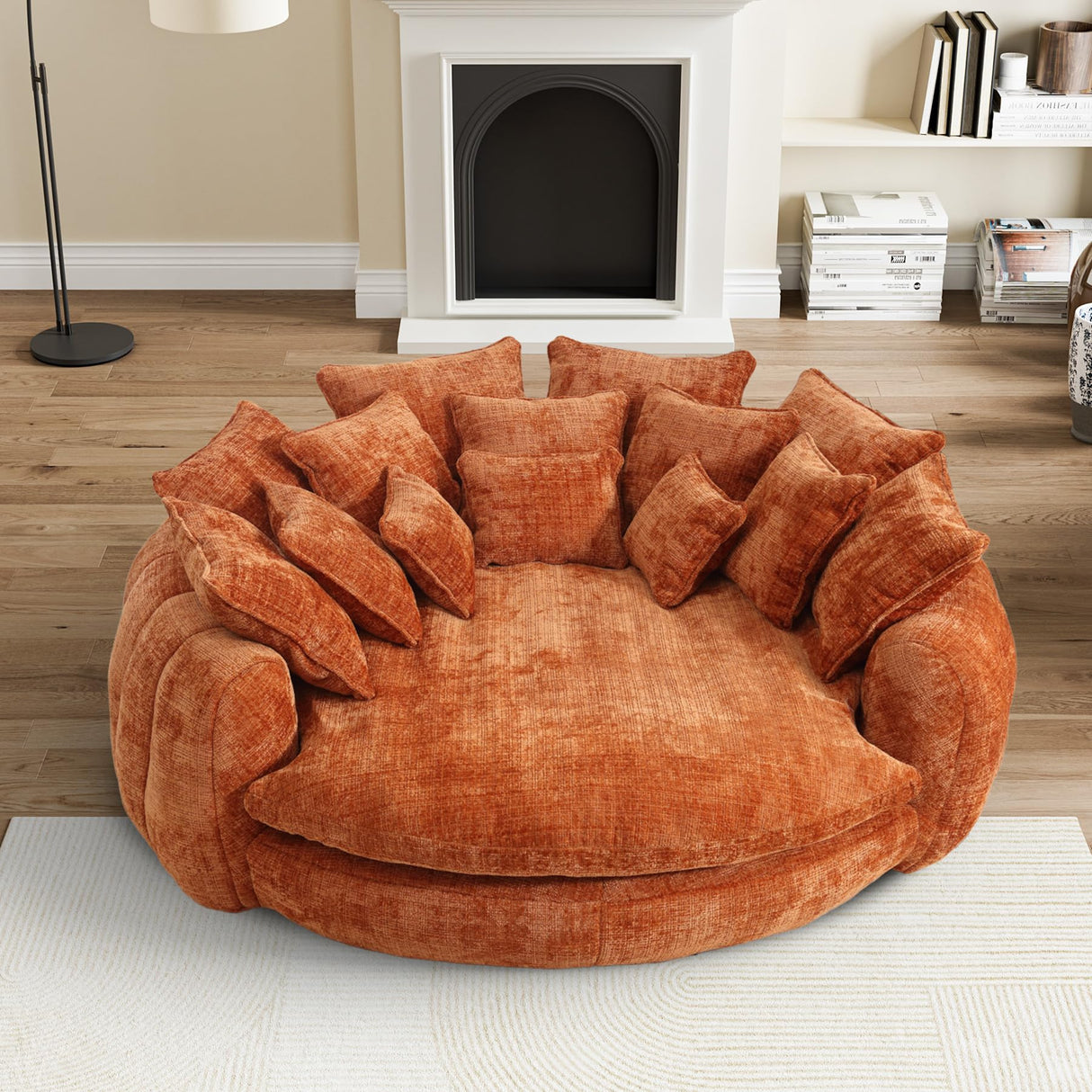 81” Oversized Upholstered Sofa Bed, Round Chaise Lounge Chair Indoor, Fluffy Plush Chaise Lounge, Modern Chenille Cloud Couch with Deep Seat, Comfy Bean Bag Chiar for Living Room Apartment, Orange BEQAI