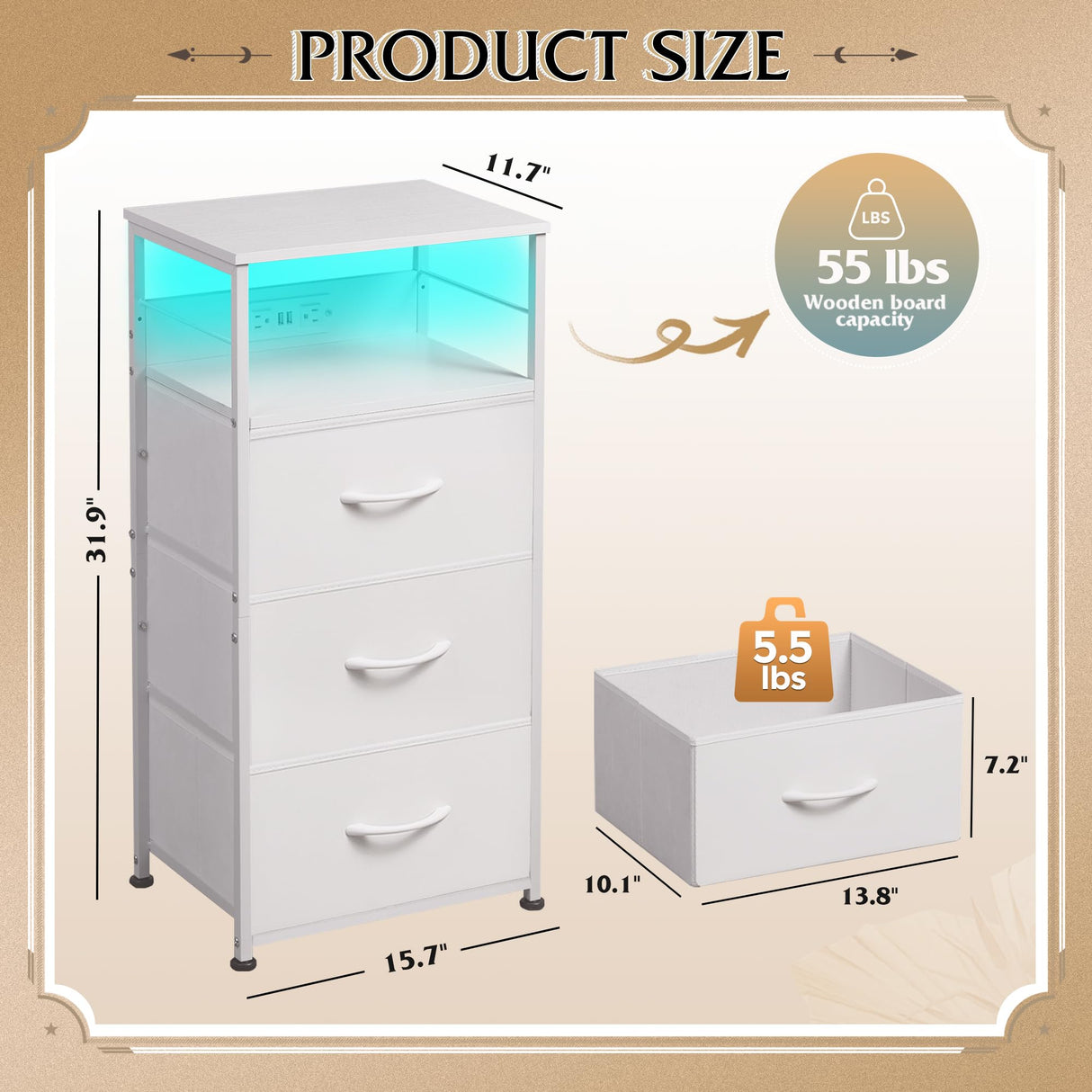 WLIVE White Night Stand with Charging Station, LED Nightstand with 3 Fabric Drawers, Tall Bedside Table with 3 USB Ports and 2 Outlets, Dresser for Small Space, 31.93" H Side Table for Bedroom WLIVE