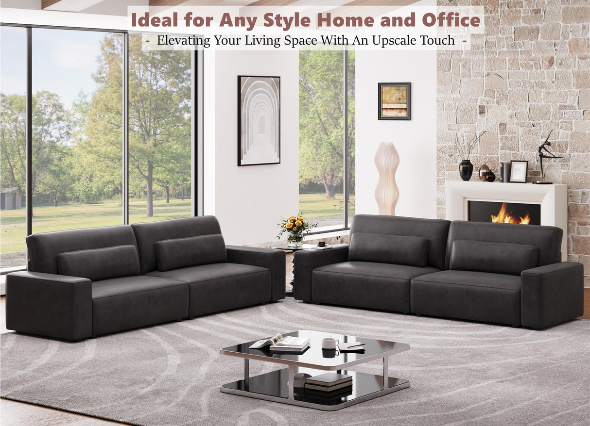 HIFIT 105" Black Faux Leather Sofa Couches for Living Room, Modern Comfy Couch with 28" Deep Seat & Fluffy Cushion, 4-Seater Home Sofa Living Room Furniture for Office with 2 Pillows, Solid Wood Frame HIFIT