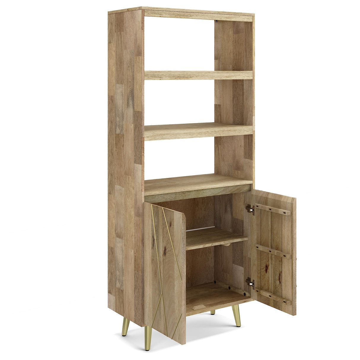 Contemporary Solid Mango Wood 30 Inch Bookshelf with Doors in Natural Finish SIMPLIHOME