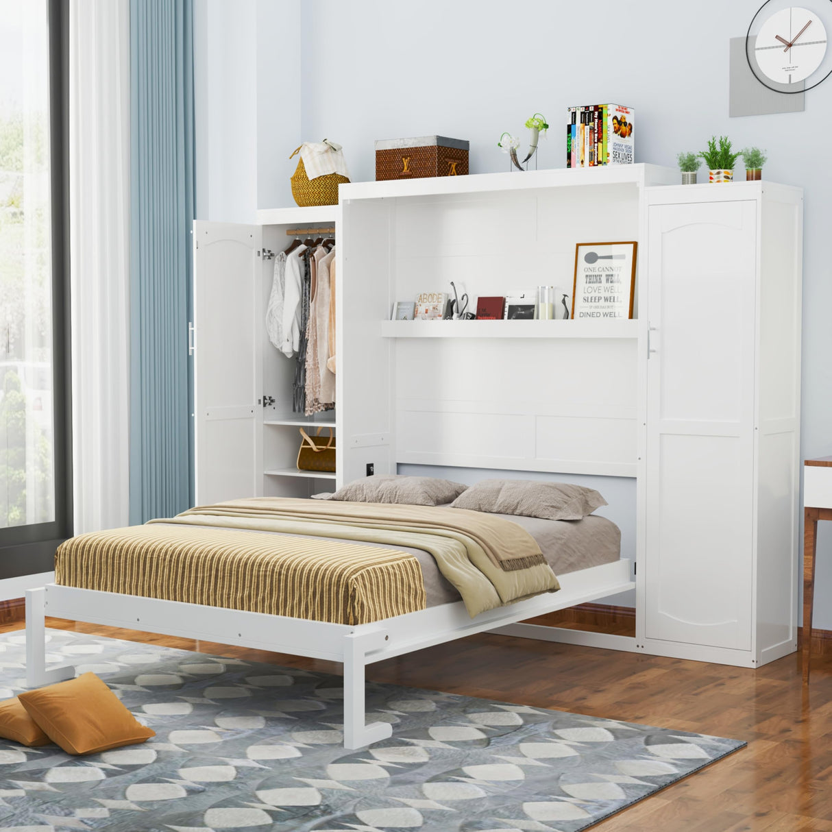 Harper & Bright Designs Full Size Murphy Bed, Wood Full Wall Bed with Two Closets and Storage Shelf, Multifunctional Foldable Platform Bed Frame for Guest-Room/Bedroom, White Harper & Bright Designs