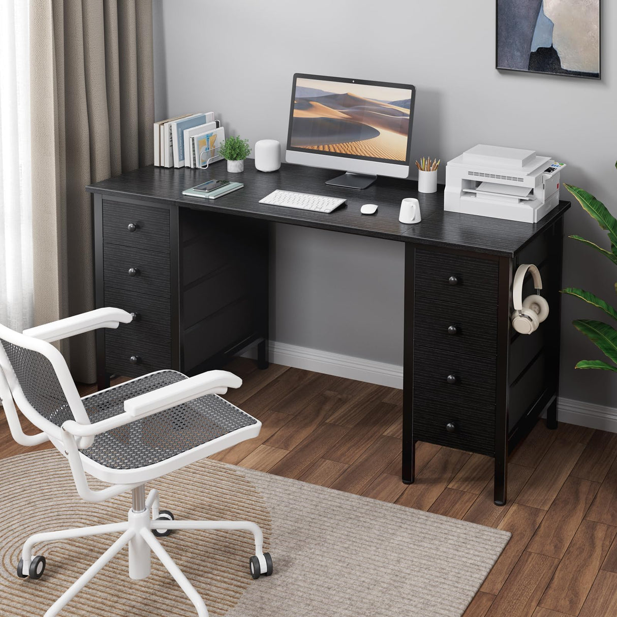Black Gaming Desk with Drawers on Both Sides, 55 Inch Home Office Computer Study Writing Work PC Desk with 8 Storage Drawers Storage for Bedroom DLisiting
