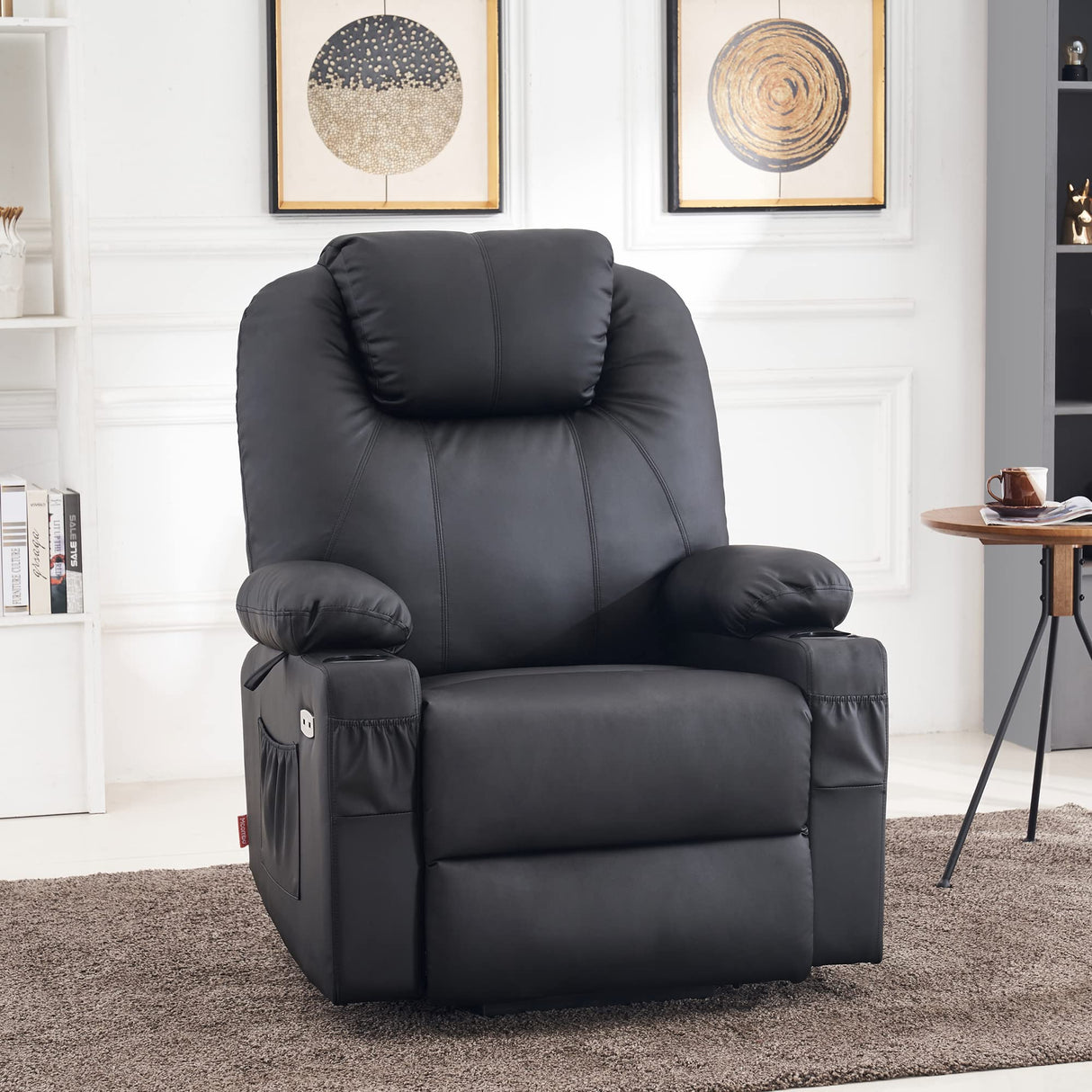 MCombo Large Power Lift Recliner Chair with Massage and Heat for Tall Elderly People, 3 Positions, Cup Holders, and USB Ports, Faux Leather 7516 (Large, Black) MCombo