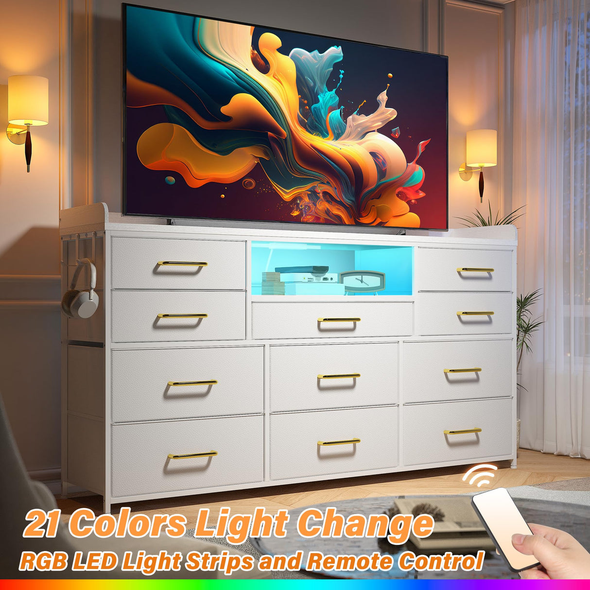 EnHomee Dresser TV Stand with 11 Drawers for 60" TV Stand for Bedroom with LED Lights & Power Outlets Long Dresser for Bedroom with Shelves & 4 Hooks Sturdy Metal Frame & Wood Top, White EnHomee