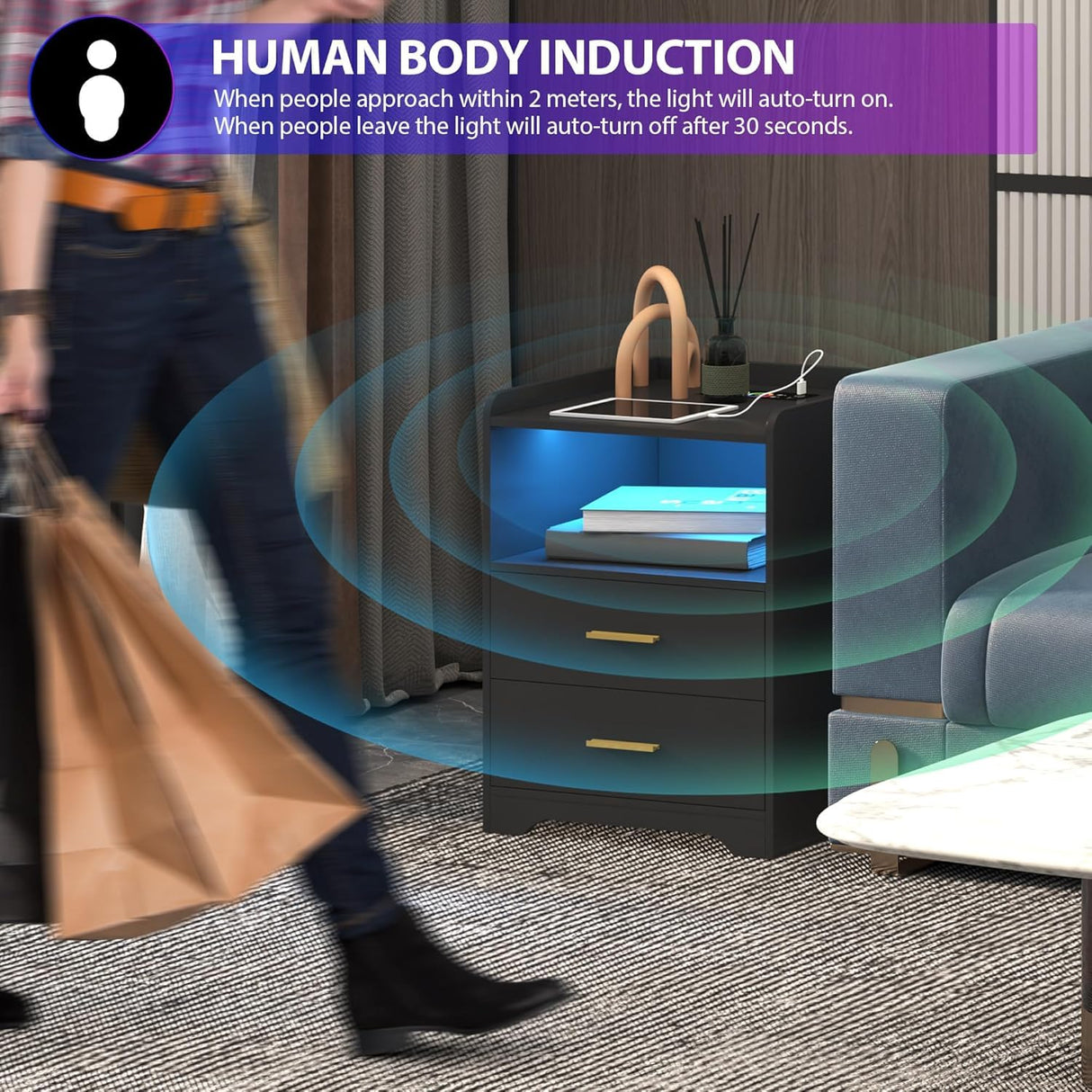 dnbss Black Nightstand Set of 2 with Charging Station, LED Night Stands with 24-Color RGB Lights, Smart Lighted Bedside Table with 2 Drawers, Modern Nightstand for Bedroom dnbss