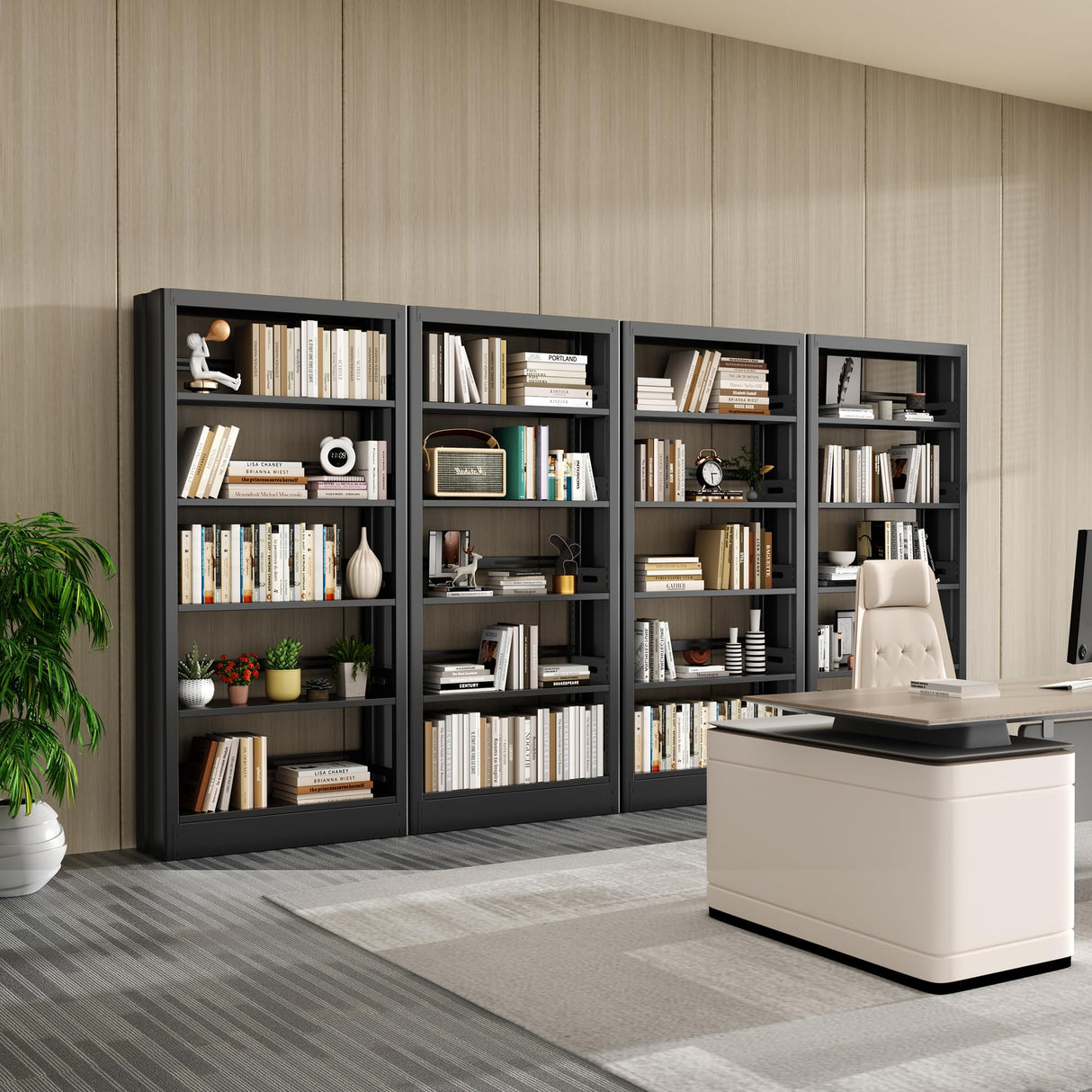 Jazipic 5-Tier Bookcase with Adjustable Storage Shelves, Heavy Duty Bookcase, Metal Bookshelf with Book Stopper, Black Bookcase Shelf for Library, Office, Living Room Jazipic