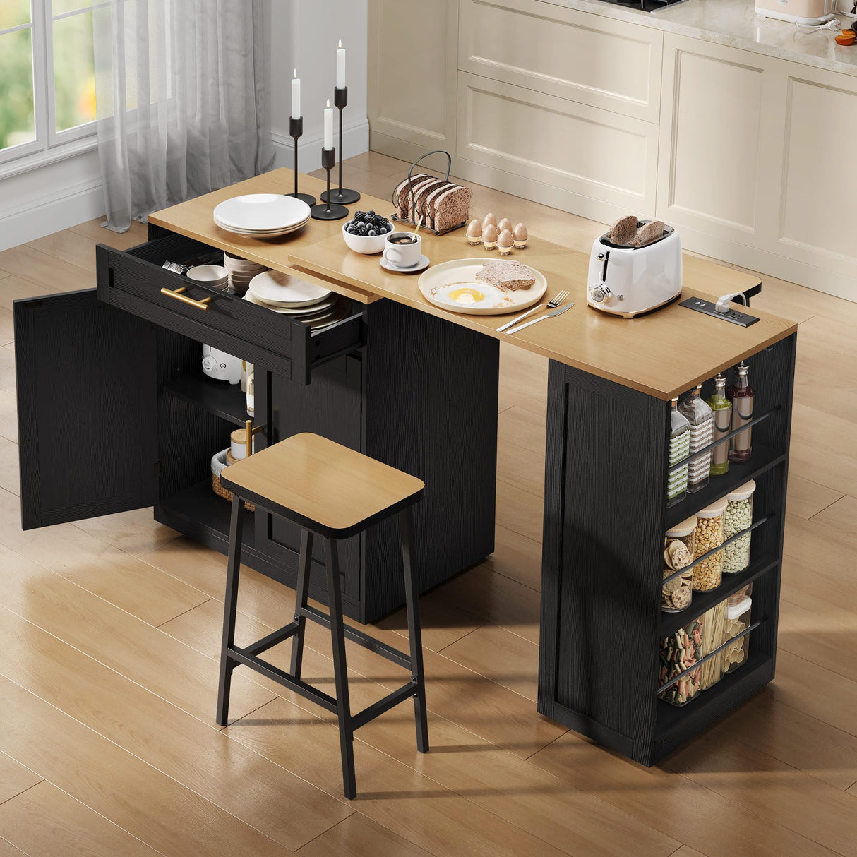 YITAHOME 67 inch Kitchen Island with Seating & Extendable Dining Table, Mobile Storage Islands with 2 Chairs, Rolling Expandable Island with Power Outlet, 3-Tier Spice Rack, L-Shaped Cart (Black) YITAHOME