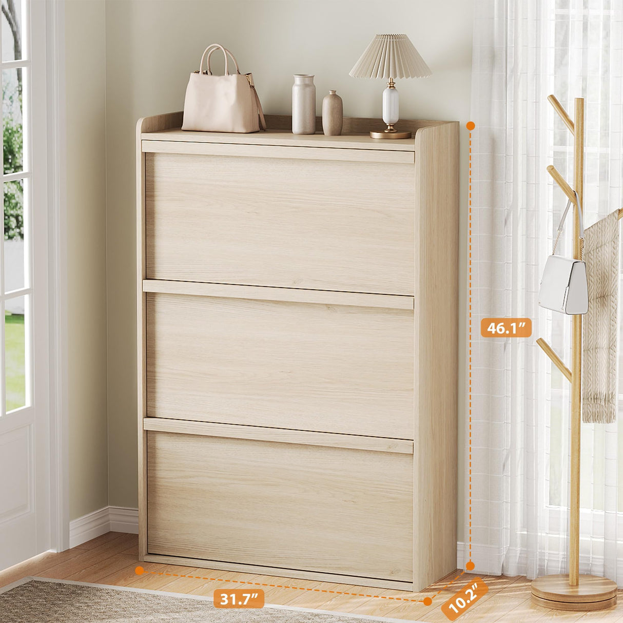 GarveeHome Shoe Cabinet with 3 Flip Drawers, Wooden Shoe Organizer with Adjustable Shelf, Shoe Storage for Entryway, Hidden Shoe Cabinet for Hallway, Living Room, Natural Oak GarveeHome