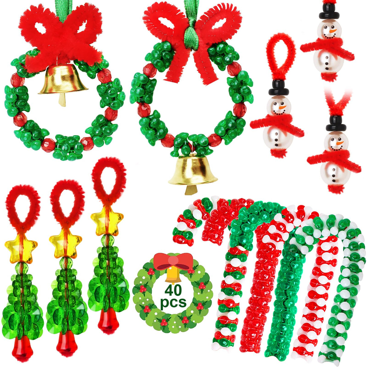AWHETIE Christmas Crafts for Adults,40 Sets Beaded Ornament Kit,Including 20 Pcs Wreath with Bell/5 Pcs Snowman/5 Pcs Christmas Tree/10 Pcs Candy Cane,Holiday Tree Decorations AWHETIE
