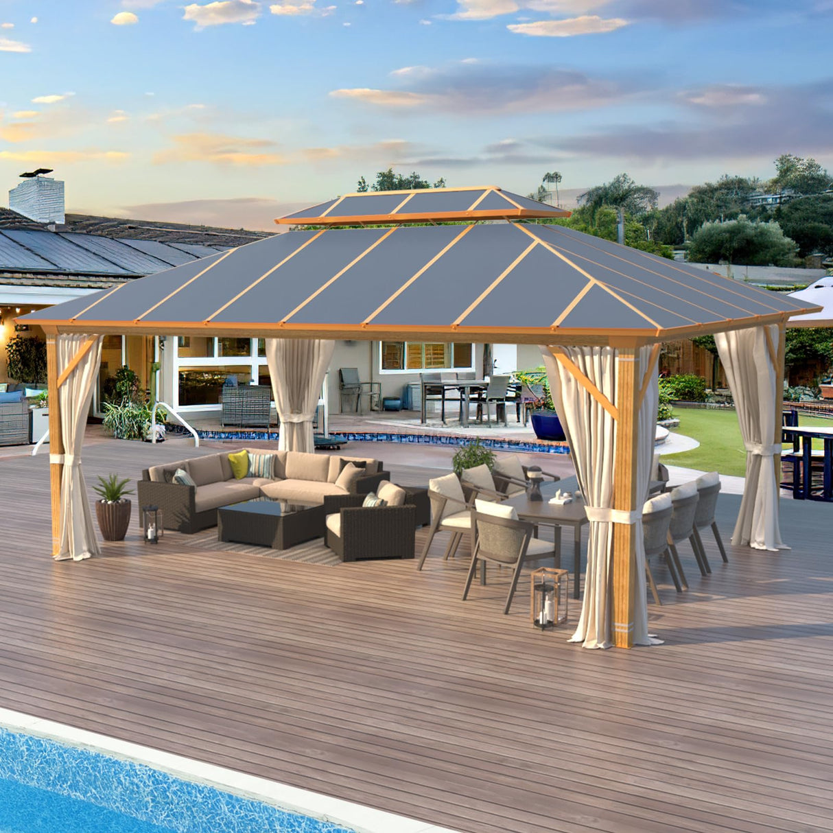 MELLCOM 12x16FT Hardtop Gazebo,Wooden Finish Coated Aluminum Patio Gazebo with Aluminum Composite Double Roof for Patio Lawn and Garden, Curtains and Netting Included MELLCOM