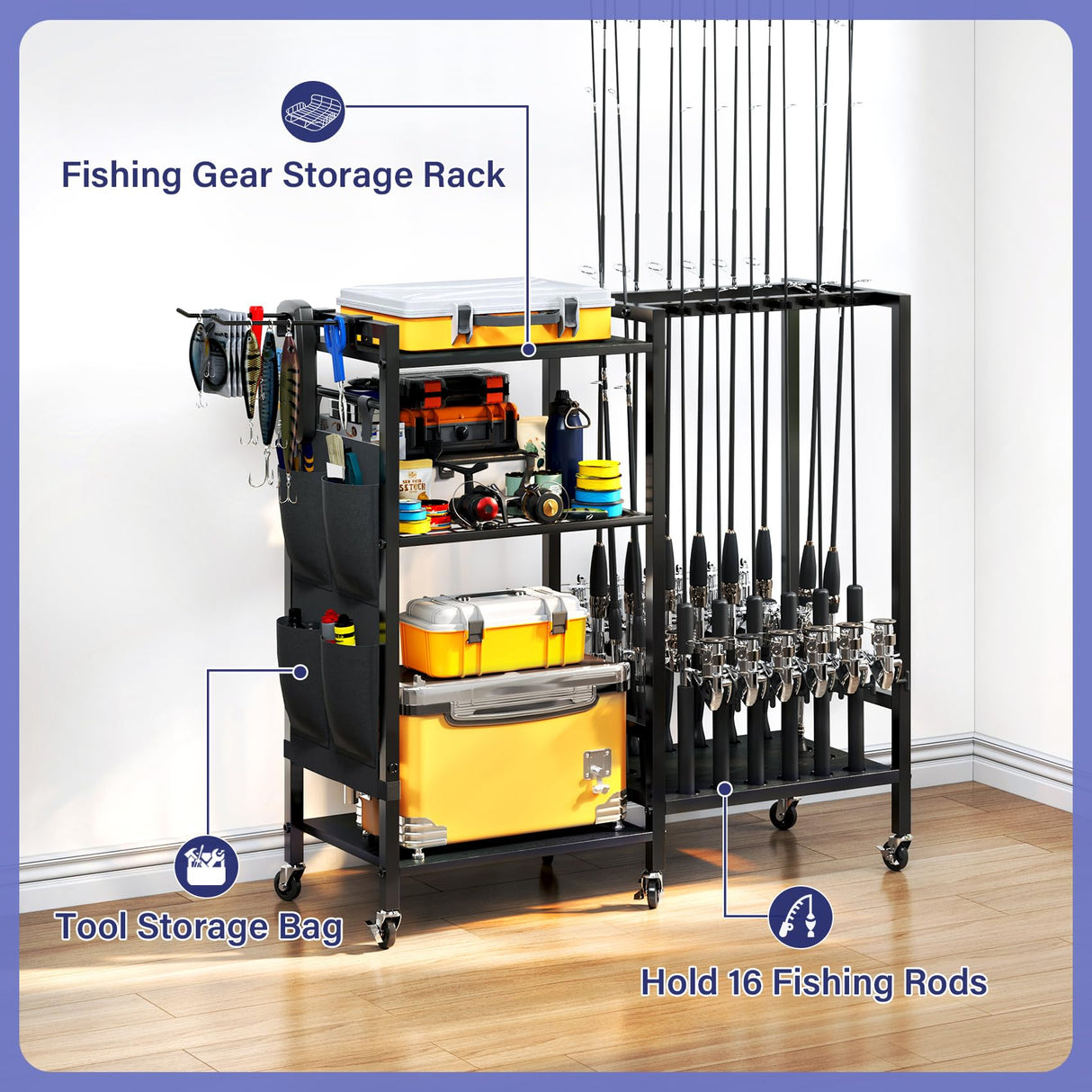 TC-HOMENY 16-Rod Fishing Rod Holder for Garage, Fishing Pole Rack Cart Fit All Fishing Rods, 3 Tier Fishing Tackle Storage Organizer Rack with Storage Bag, For Living Room TC-HOMENY
