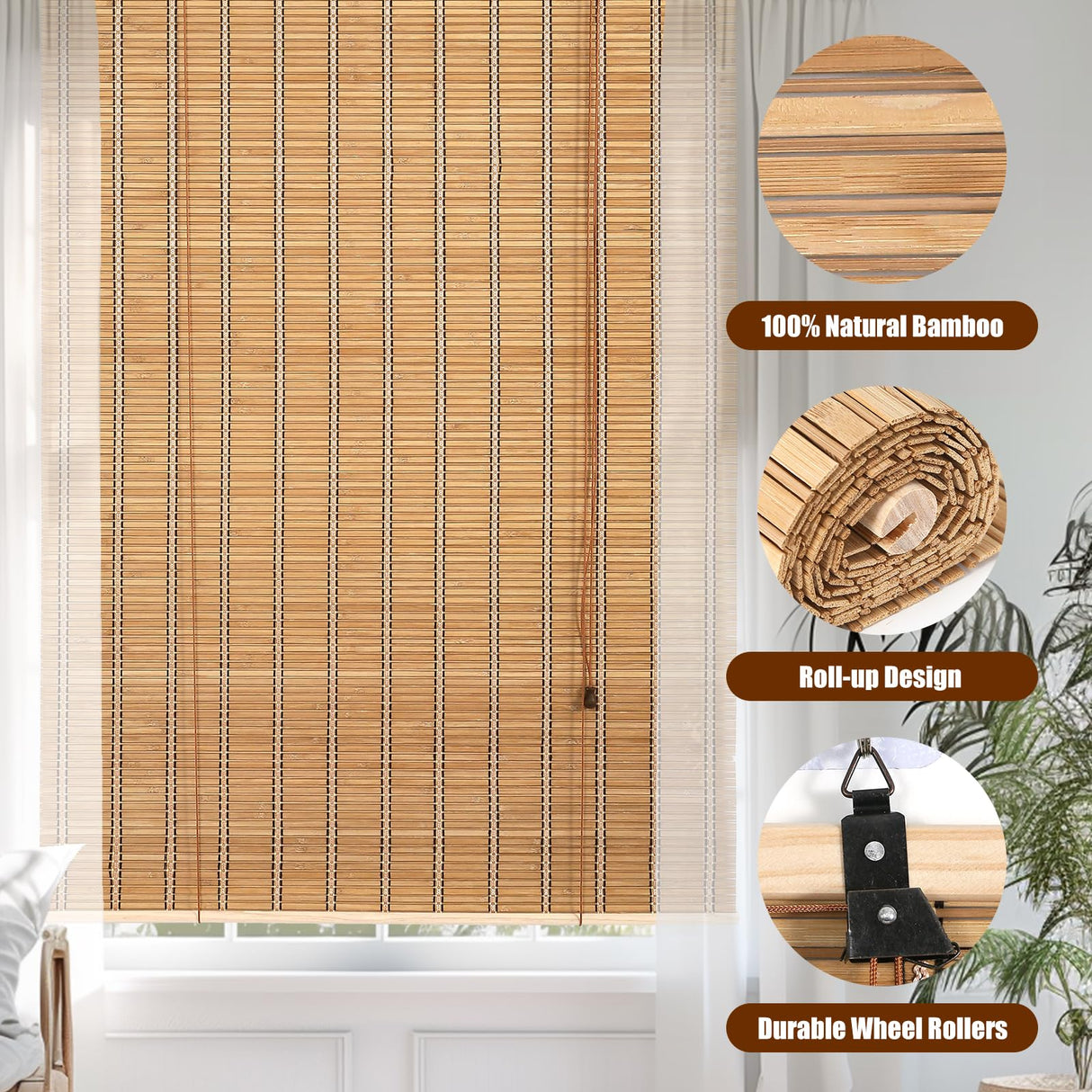 CSBWDLT Bamboo Roman Shades - Customer Favorite Blackout Blinds for Windows, Premium Quality, Ideal for Home, 24" W X 64" H CSBWDLT