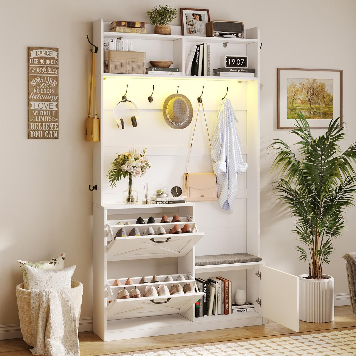 Maupvit Entryway Hall Tree with Bench and Shoe Storage, 5-in-1 Narrow Hall Tree with LED Light, Cushioned Stool & 9 Hooks, 2 Flip Drawers, 78" Coat Shoe Rack for Mudroom, Hallway, Living Room, White Maupvit