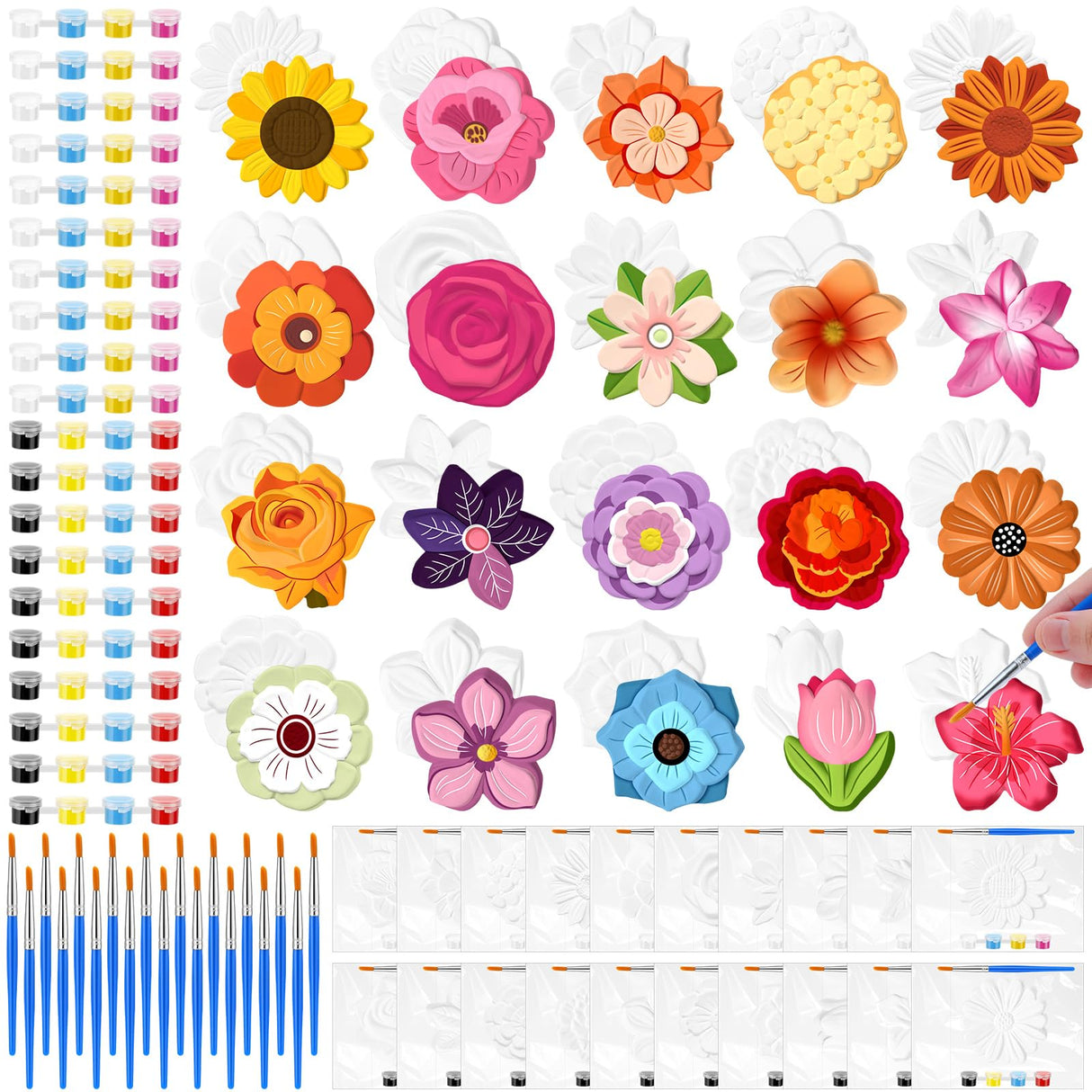 JellyArch 20 Set Flower DIY Painting Kit Ceramic to Paint Your Own Statues Unpainted Plaster Figurines Brushes Acrylic Paints Bags Party Favor for Adults JellyArch