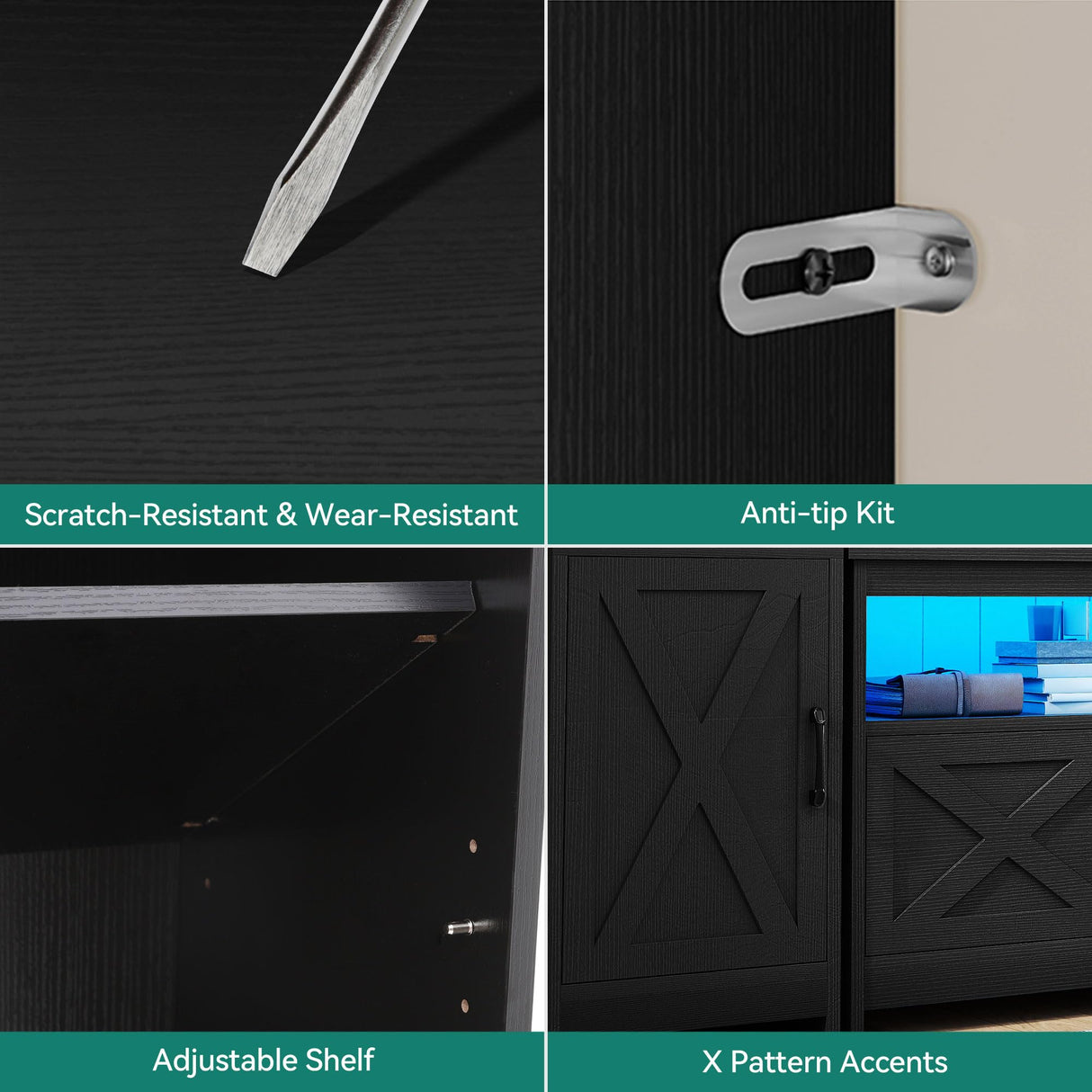 YITAHOME Farmhouse TV Stand for 65inch TV, Entertainment Center with Storage, Adjustable LED Lights & Power Hub, TV Cabinet with Bookshelves for Living Room/Apartment, Black YITAHOME