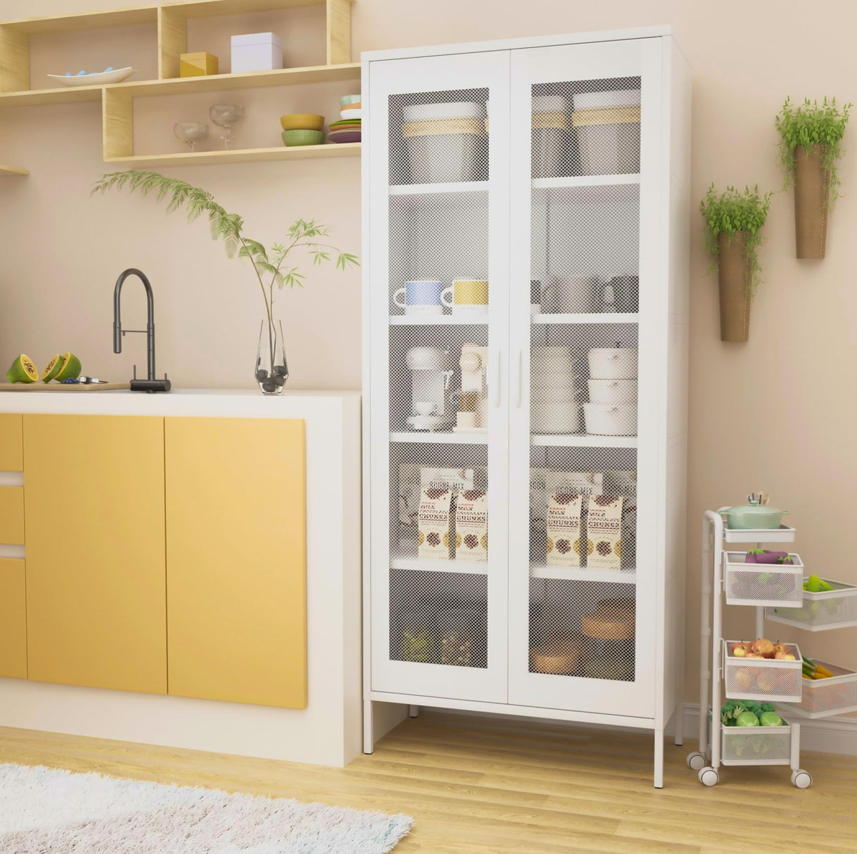 QINPTWUT 73" Industrial Storage Pantry, Kitchen Storage Cabinet with Mesh Door, 4 Adjustable Shelves, Freestanding for Kitchen, Dining Room,Bedroom, Workshop, Office, Garage QINPTWUT