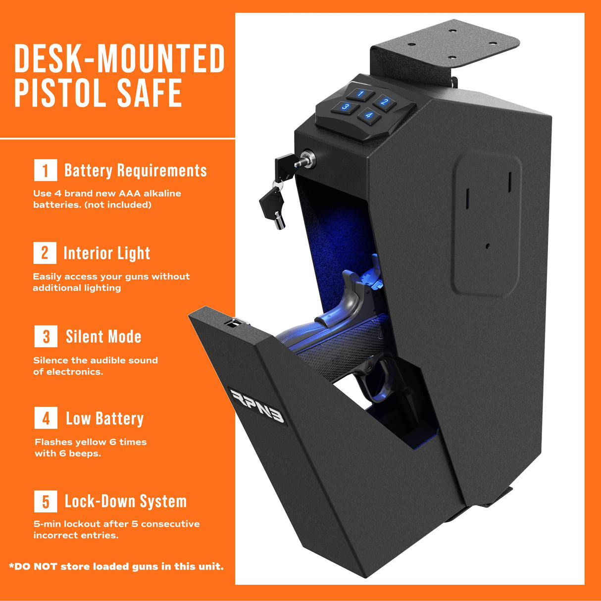 RPNB Mounted Firearm Gun Safe with Auto Open Lid 4-Digit PIN Keypad Lock Handgun Safe RPNB