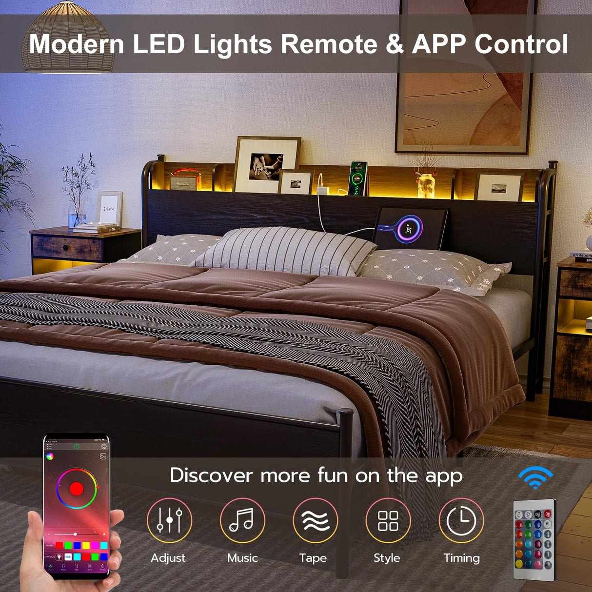 AOVSA Black California King Bed Frame with LED Storage Headboard and Charging Station AOVSA