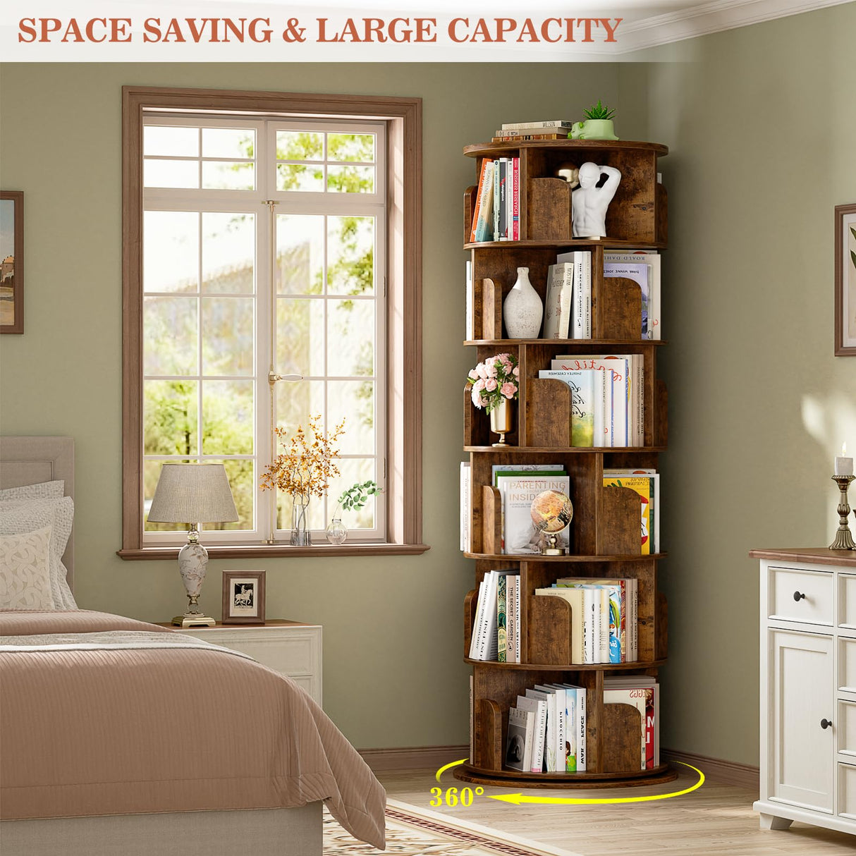 Aheaplus 6 Tier Rotating Bookshelf, Wood Spinning Bookshelf Tower, Round Revolving 360 Bookcase, Narrow Turning Book Shelf Rolling Corner Organizer for Small Space, Bedroom, Office, Rustic Brown Aheaplus