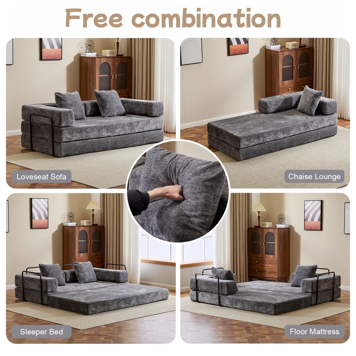 Trygoal Convertible Floor Sofa Bed, Foldable Mattress Cloud Couch with Pillow Back & Armrest, Chenille Sleeper Sofa Bed with Fixed-Shape Frame, Compressed Couch for Living Room Bedroom, Dark Gray Trygoal