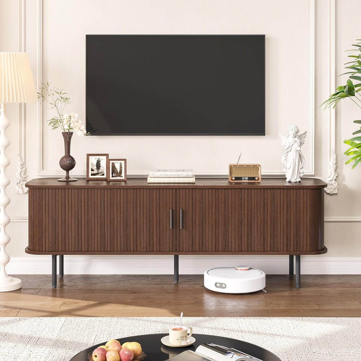 FiveWillowise 63" Mid Century Modern Fluted TV Stand for TVs up to 75 Inch, Gaming Entertainment Center with Tambour Slatted Sliding Doors, Media TV Consoles Table for Living Room, Walnut FiveWillowise