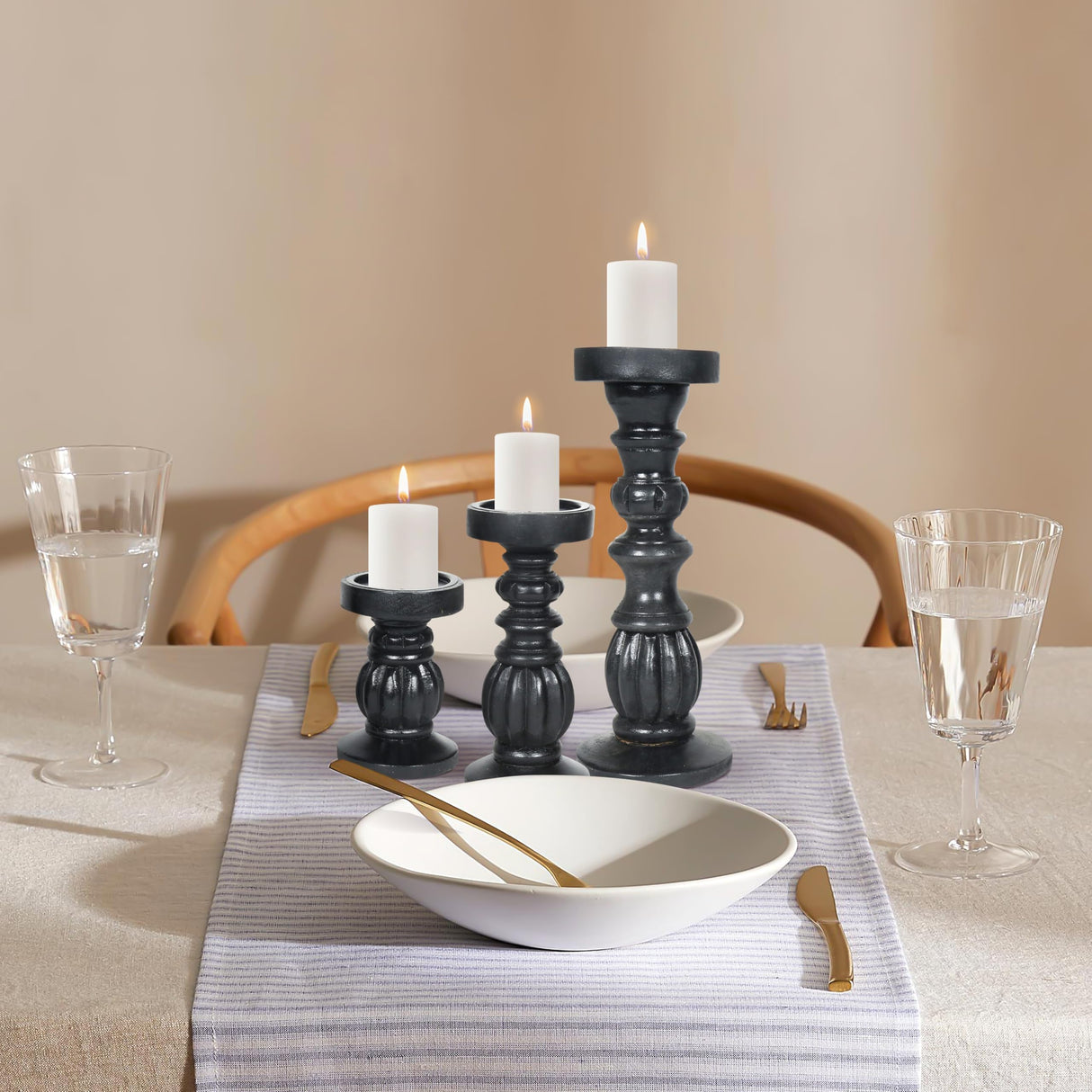 Farmhouse Wooden Candle Holders for Pillar Candles Set of 3, Rustic Wood Candle Holder Table Centerpiece Decor, 12'' 9'' 6'' Ball Design Tall Candle Stand Decorative, Black The Wooden Town