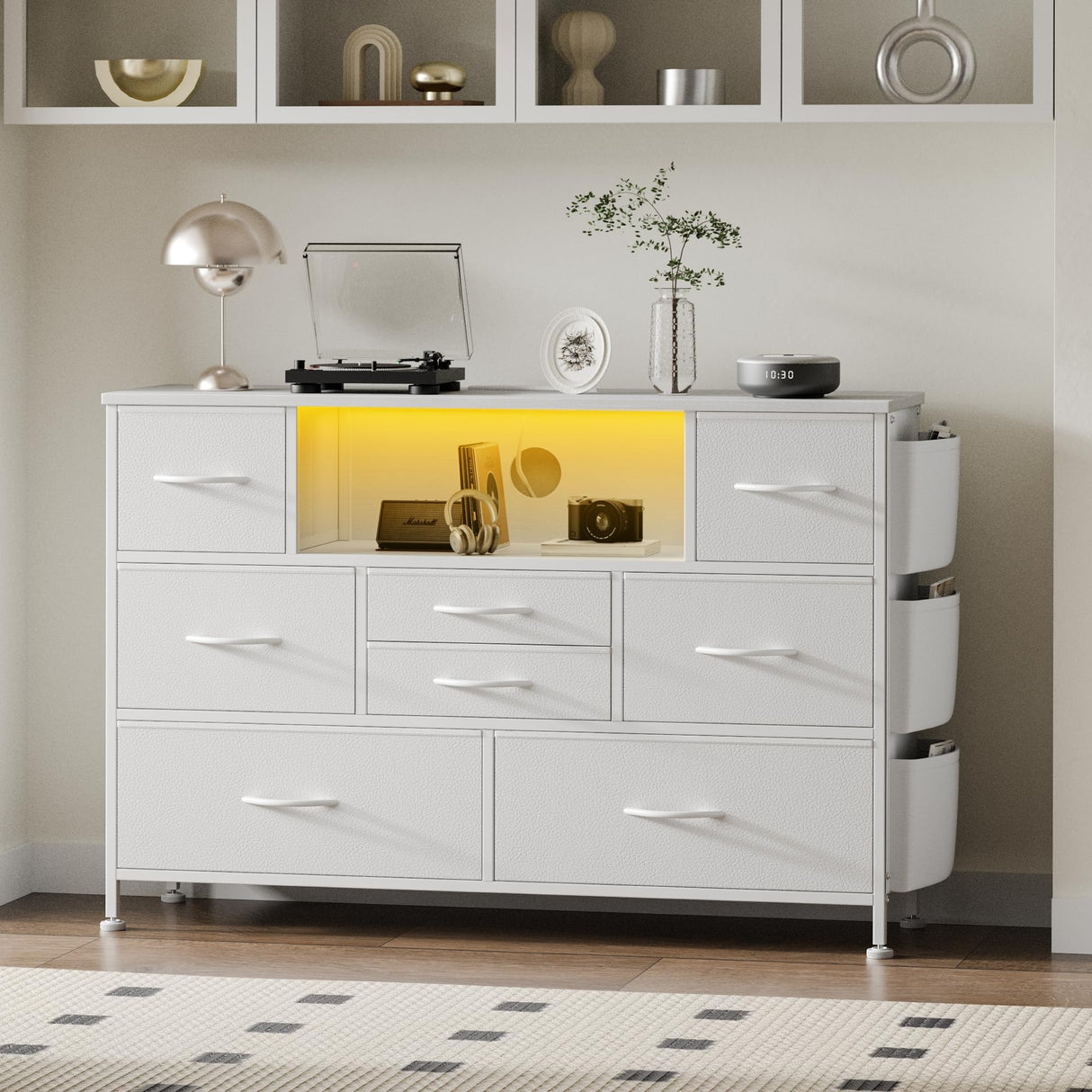 YaFiti Dresser for Bedroom with 8 Drawers, Dresser TV Stand with LED Lights, Fabric Chest of Drawers with Side Pocket for Living Room, Entryway, Bedroom Furniture (White) YaFiti