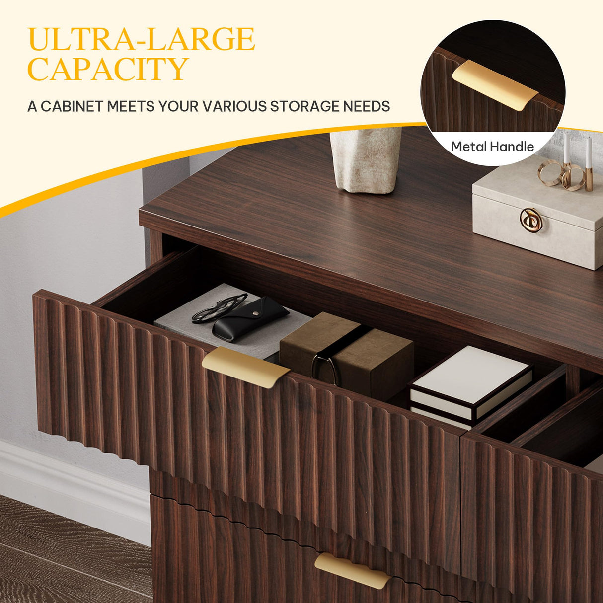 DWVO 6 Drawer Dressers, High Gloss White Dressers Drawers with Fluted Panel, Wide Versatile TV Stand Cabinet Table for Kitchen and Office, Walnut DWVO