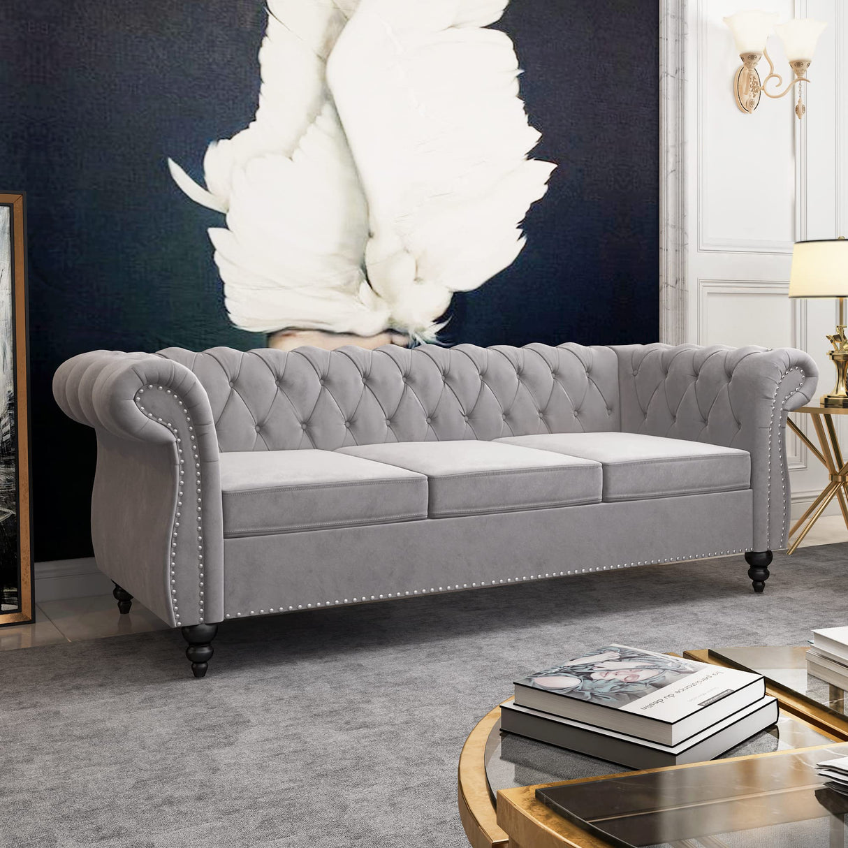 PHOYAL Large Sofa, Velvet Sofa Three-seat Sofa Classic Tufted Chesterfield Settee Couch Modern 3 Seater Couch Furniture Tufted Back for Living Room (Grey) PHOYAL