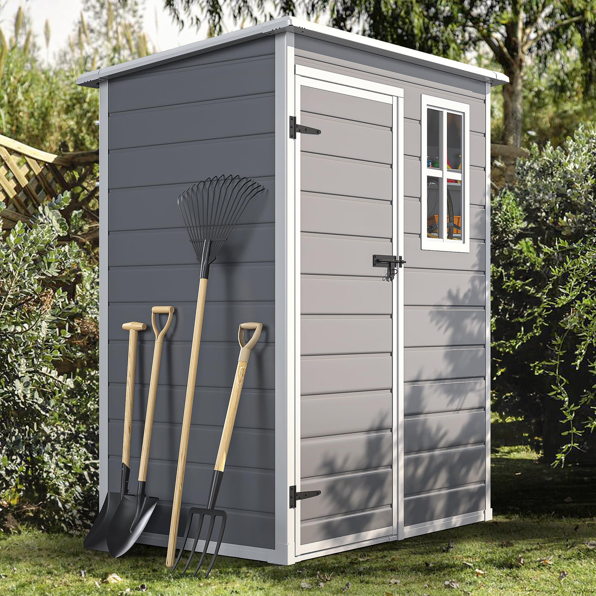 DWVO 5x3 FT Outdoor Storage Shed with Reinforced Floor, All-Weather Resin Storage Shed with Lockable Door & Window, Waterproof Plastic Tool Storage for Garden, Backyard, Patio, Lawn DWVO