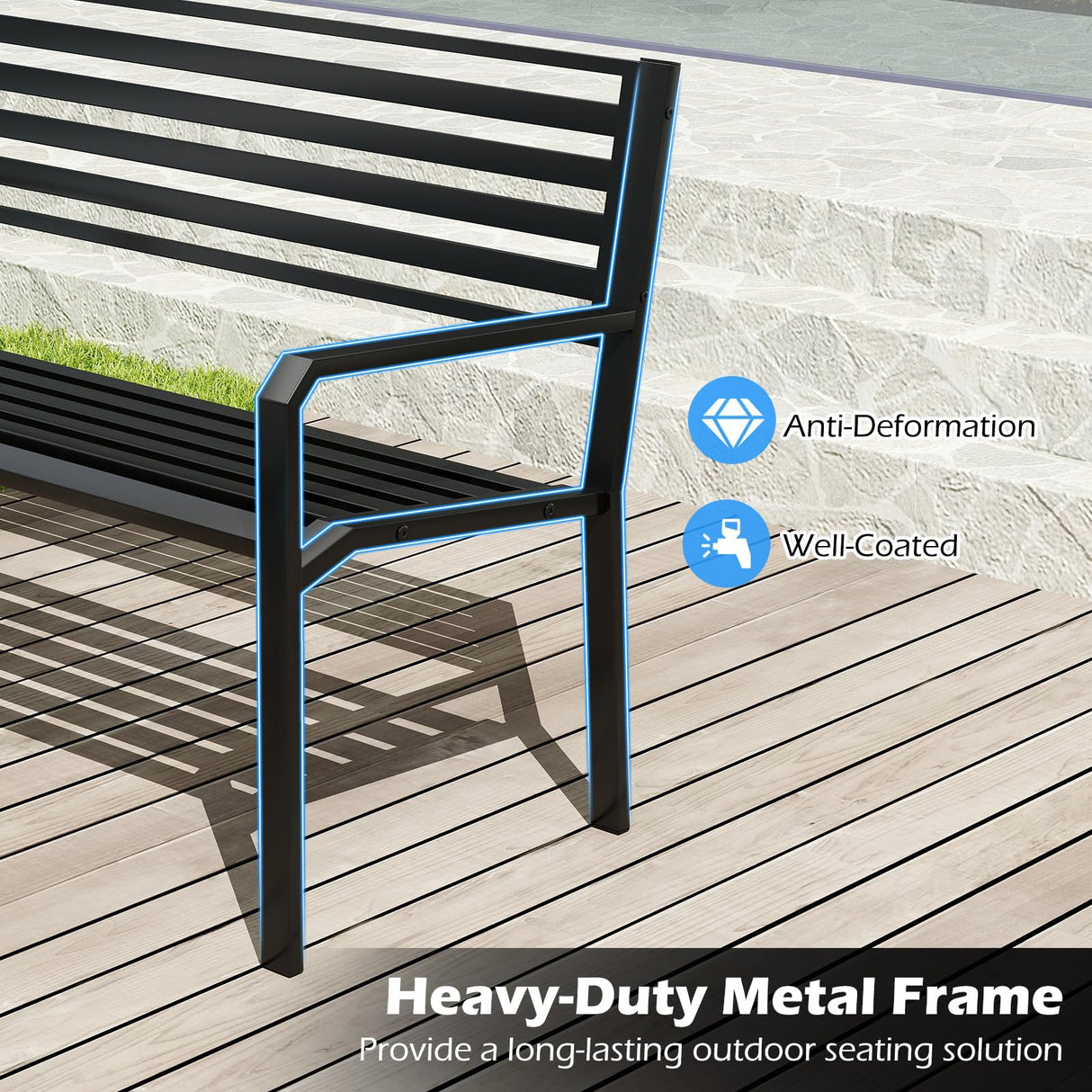 Tangkula 50” Outdoor Metal Park Bench, Patio Slatted Garden Bench for 2-3 People with Armrests & Backrest, Heavy-Duty Modern Seating for Backyard, Poolside, Porch Tangkula