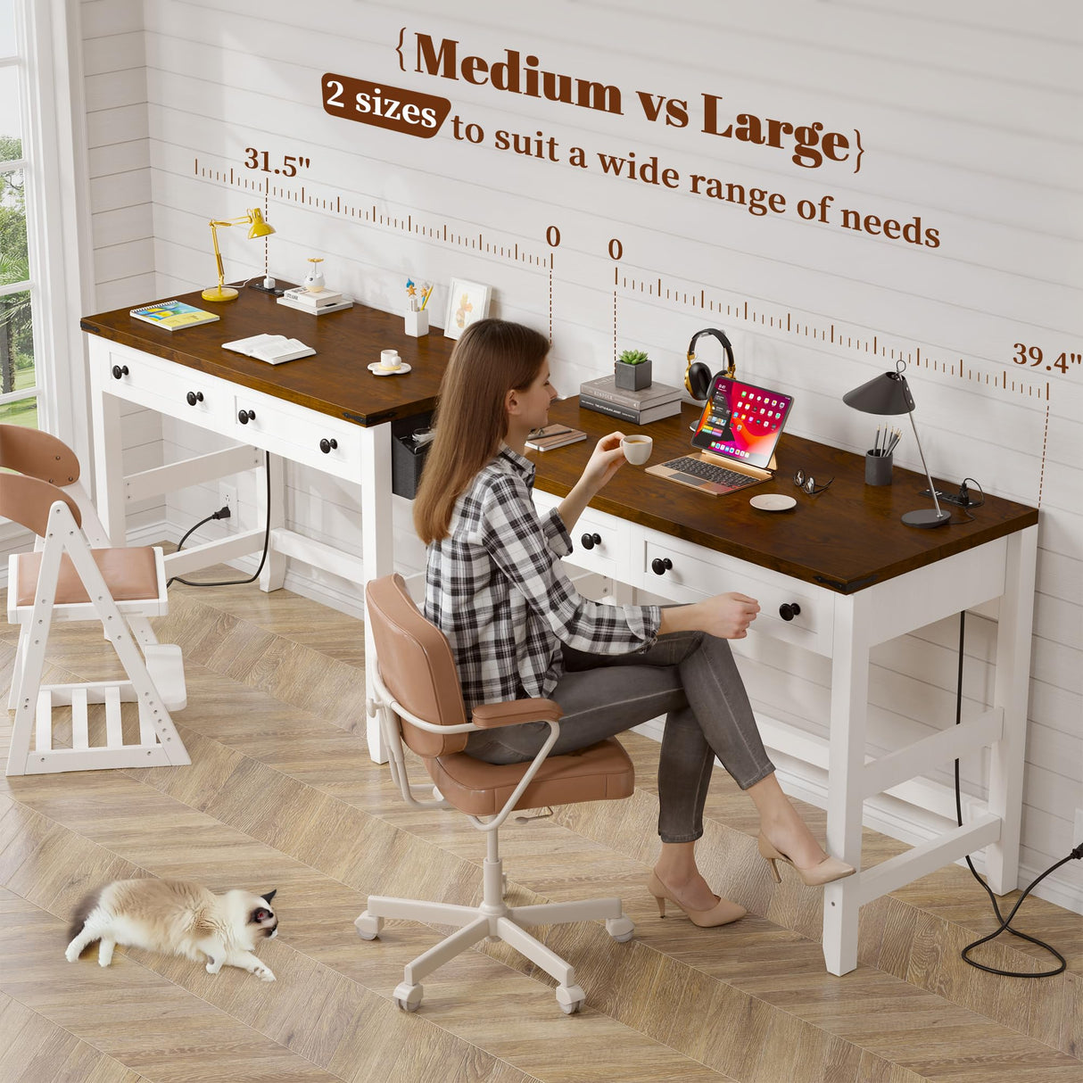 EnHomee Desk with Drawers & Power Outlets, Computer Desk for Home Office, Bedroom, Small Desk with a Side Pocket, 31.5" Writing Desk, Study Desk, Brown+White EnHomee