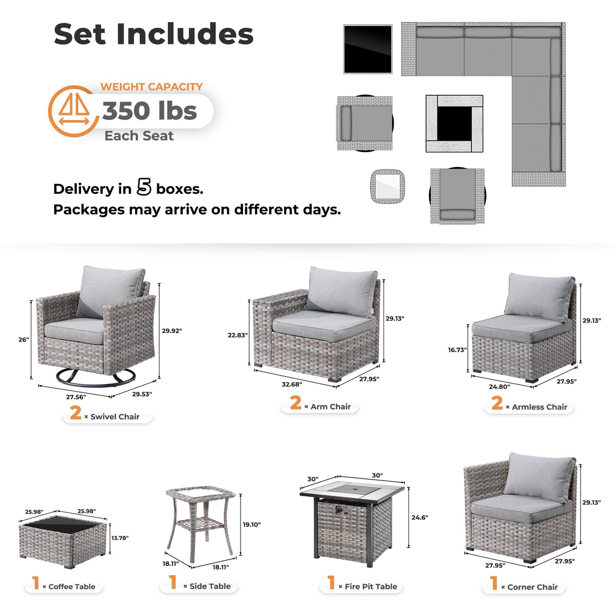 ovios 10 Pieces Patio Furniture Set, Outdoor Sectional Sofa with Swivel Rocking Chairs, Fire Pit Table, Wide Arms and Deep Seat, Modular Wicker Rattan Conversation Set, Dark Grey ovios